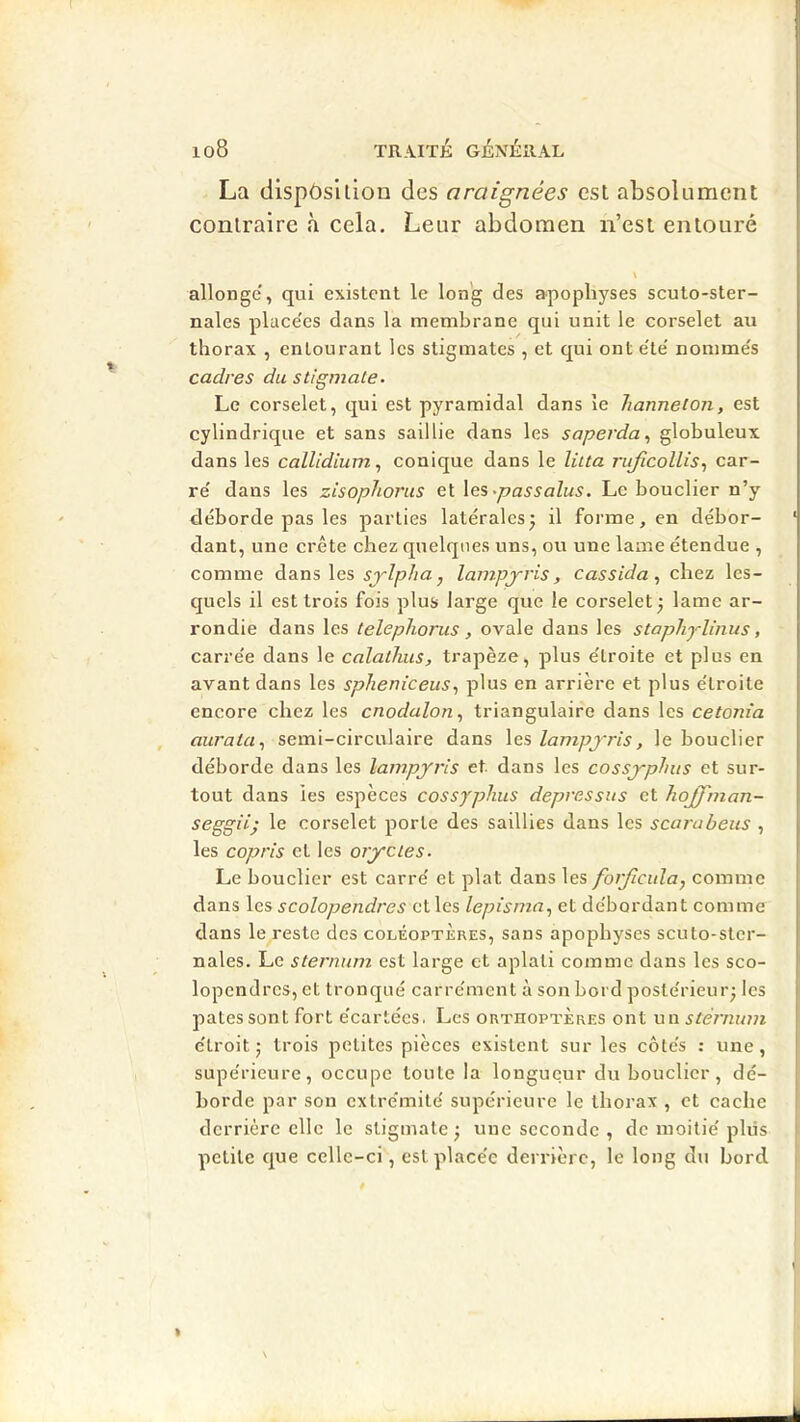 La disposition des araignées est absolument contraire k cela. Leur abdomen n’est entouré allonge, qui existent le long des apophyses scuto-ster- nales place'es dans la membrane qui unit le corselet au thorax , entourant les stigmates , et qui ont e'te nomme's cadres du stigmate. Le corselet, qui est pyramidal dans le hanneton, est cylindrique et sans saillie dans les saperda., globuleux dans les callidium, conique dans le litta rujicollis., car- re' dans les zisophorus et les.passalus. Le bouclier n’y déborde pas les parties latéralesj il forme, en débor- ' dant, une crête chez quelques uns, ou une lame étendue , comme dans les lampjris, cassida, chez les- quels il est trois fois plus large que le corselet ^ lame ar- rondie dans les telephorus, ovale dans les staphylinus, carre'e dans le calathus, trapèze, plus e'troite et plus en avant dans les splieniceus., plus en arrière et plus e'troite encore chez les cnodalon., triangulaire dans les cetonia aurata., semi-circulaire dans les lampjris, le bouclier déborde dans les lampj'ris et. dans les cossj-phus et sur- tout dans les espèces cossyphus depressus et hojjf'man- seggii) le corselet porte des saillies dans les scarabeus , les copris et les oryctes. Le bouclier est carré et plat dans les forficula, comme dans les scolopendres et les lepisma., et débordant comme dans le reste des coléoptères, sans apophyses scuto-ster- nales. Le sternum est large et aplati comme dans les sco- lopendres, et tronqué carrément à son bord postérieur; les pâtes sont fort écartées. Les orthoptères ont un sternum étroit; trois petites pièces existent sur les côtés : une, supérieure, occupe toute la longueur du bouclier, dé- borde par sou extrémité supérieure le thorax , et cache ' derrière elle le stigmate; une seconde , de moitié pliis petite que celle-ci, est placée derrière, le long du bord