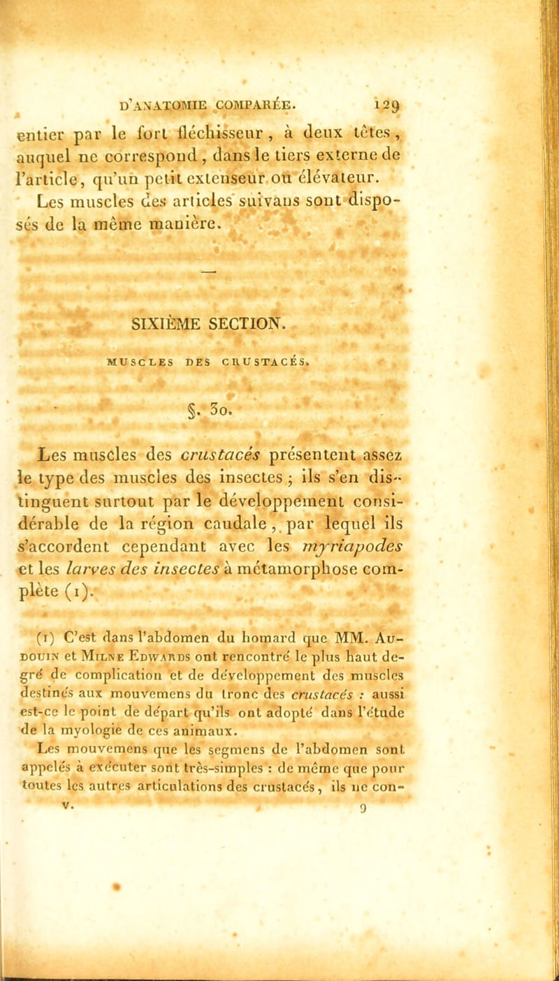 entier par le fort üéchisseur , à deux têtes, auquel ne correspoud, dans le tiers externe de l’article, qu’un petit extenseur,ou élévateur. Les muscles des articles'suivaiis sont dispo- sés de la même manière. SIXIÈME SECTION. MUSCLES DES CIVUSTACÉS. §. 3o. Les muscles des crustacés présentent assez le type des muscles des insectes ; ils s’en dis- tinguent surtout par le développement consi- dérable de la région caudale,_par lequél ils s’accordent cependant avec les myriapodes et les larves des insectes à métamorphose com- plète (i). (i) C’est clans l’abdomen du homard que MM. Au- DOUiN et Milne Edwakds ont rencontre' le plus haut de- gré de complication 'et de de'veloppement des muscles destinés aux mouvemens du tronc des crustacés : aussi est-ce le point de de'part qu’ils ont adopté dans l’étude de la myologie de ces animaux. Les mouvemens cjue les segmens de l’abdomen sont appelés à exécuter sont très-simples : de même que pour toutes les autres articulations des crustacés, ils ne con- 9 V.