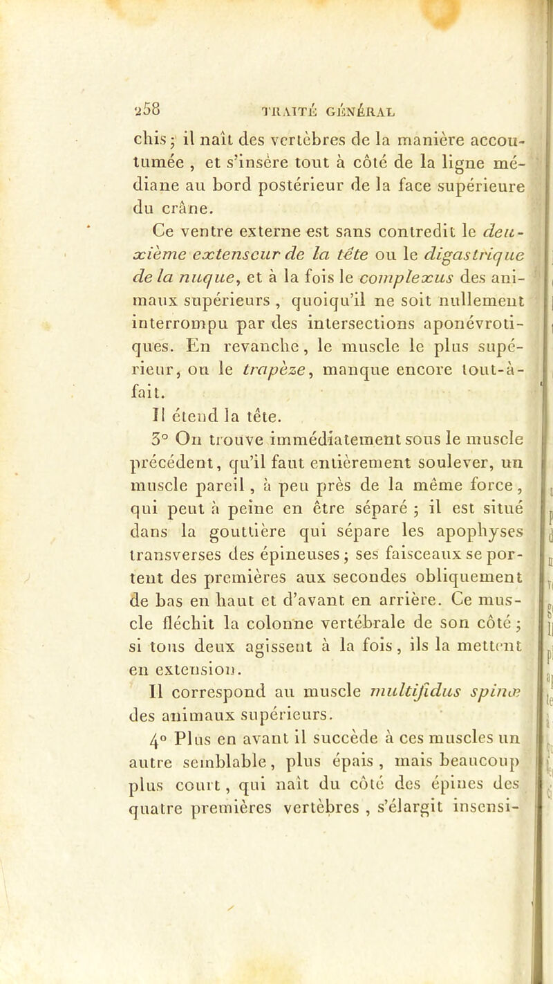 y58 Tll.VlTK GJiNÉRAL chis ; il nail des vertèbres de la manière accou- tumée , et s’insère tout à côté de la ligne mé- diane au bord postérieur de la face supérieure du crâne. Ce ventre externe est sans contredit le cleii- xieme extenseur de la tête ou le digastrique delà nuque, et à la fois le complexus des ani- maux supérieurs , quoiqu’il ne soit nullement interrompu par des intersections aponévroti- ques. En revanche, le muscle le plus supé- rieur, on le trapèze, manque encore tout-à- fait. II étend la tête. 3° Ou trouve immédiatement sous le muscle précédent, qu’il faut entièrement soulever, un muscle pareil, à peu près de la même force, qui peut à peine en être séparé ; il est situé dans la gouttière qui sépare les apophyses iransverses des épineuses ; ses faisceaux se por- tent des premières aux secondes obliquement de bas en haut et d’avant en arrière. Ce mus- cle fléchit la colonne vertébrale de son côté j si tous deux agissent à la fois, ils la mettent en extension. Il correspond au muscle niultijidus spinæ des animaux supérieurs. 4° Plus en avant il succède à ces muscles un autre semblable, plus épais, mais beaucoup plus court, qui naît du côté des épines des quatre premières vertèbres , s’élargit insensi-