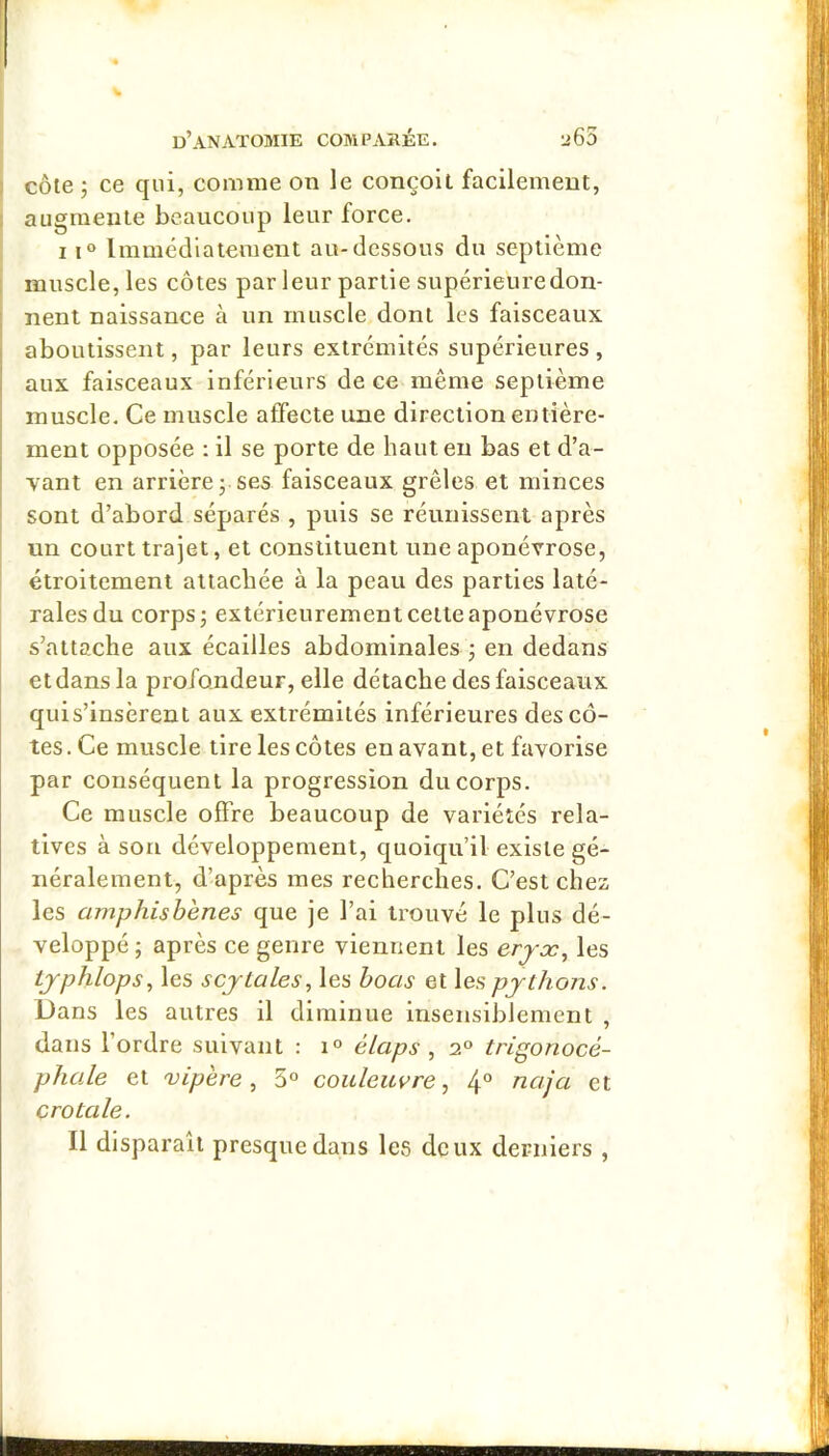 côte ; ce qui, comme on le conçoit facilement, augmente beaucoup leur force. 11° Immédiatement au-dessous du septième muscle, les côtes par leur partie supérieuredon- nent naissance à un muscle dont les faisceaux aboutissent, par leurs extrémités supérieures , aux faisceaux inférieurs de ce même septième muscle. Ce muscle affecte une direction entière- ment opposée ; il se porte de haut en bas et d’a- vant en arrière J ses faisceaux grêles et minces sont d’abord séparés , puis se réunissent après î un court trajet, et constituent une aponévrose, étroitement attachée à la peau des parties laté- rales du corps J extérieurement cette aponévrose s’attache aux écailles abdominales j en dedans et dans la profondeur, elle détache des faisceaux quis’insèrent aux extrémités inférieures des cô- tes . Ce muscle tire les côtes en avant, et favorise par conséquent la progression du corps. Ce muscle offre beaucoup de variétés rela- tives à son développement, quoiqu’il existe gé- néralement, d’après mes recherches. C’est chez les amphisbenes que je l’ai trouvé le plus dé- veloppé; après ce genre viennent les eryx^ les ijphlops^ les scjtales, les boas et les pythons. Dans les autres il diminue insensiblement , dans l’ordre suivant : i° élaps , 2° trigoriocé- phale et vipère, 5° couleuvre, 4° naja et crotale. Il disparaît presque dans les deux derniers ,