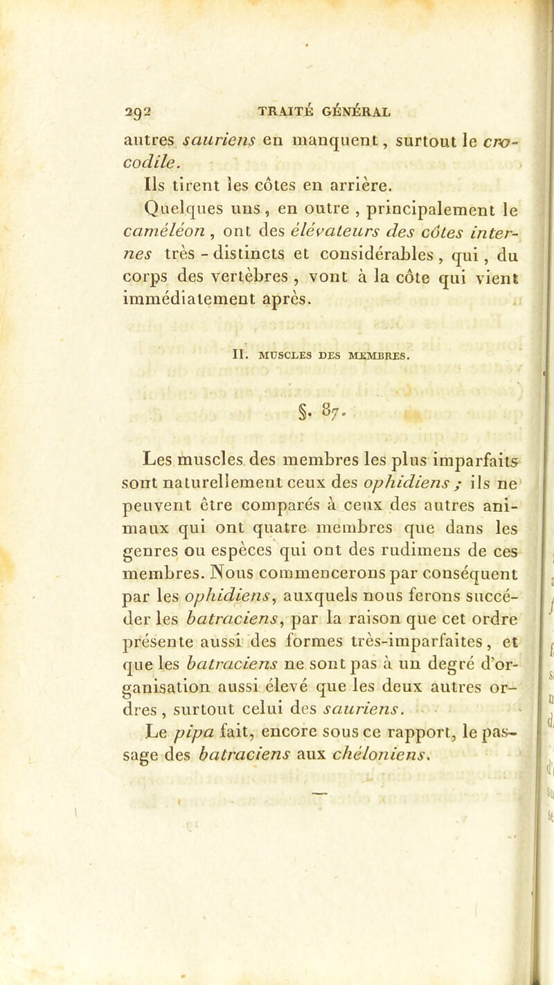 autres sauriens en manquent, surtout le cro- codile. Ils tirent les côtes en arrière. Quelques uns, en outre , principalement le caméléon , ont des élévateurs des côtes inter- nes très - distincts et considérables , qui, du corps des vertèbres , vont à la côte qui vient immédiatement après. II. MUSCLES DES MEMBRES. §• 87. Les muscles des membres les plus imparfaits sont naturellement ceux des ophidiens ; ils ne' peuvent être comparés à ceux des autres ani- maux qui ont quatre membres que dans les genres ou espèces qui ont des rudimens de ces membres. Nous commencerons par conséquent par les ophidiens, auxquels nous ferons succé- der les batraciens., par la raison que cet ordre présente aussi des formes très-imparfaites, et que les batraciens ne sont pas à un degré d’or- ganisation aussi élevé que les deux autres or- dres, surtout celui des sauriens. * ! Le pipa fait, encore sous ce rapport, le pas- j sage des batraciens aux chéloniens. ^