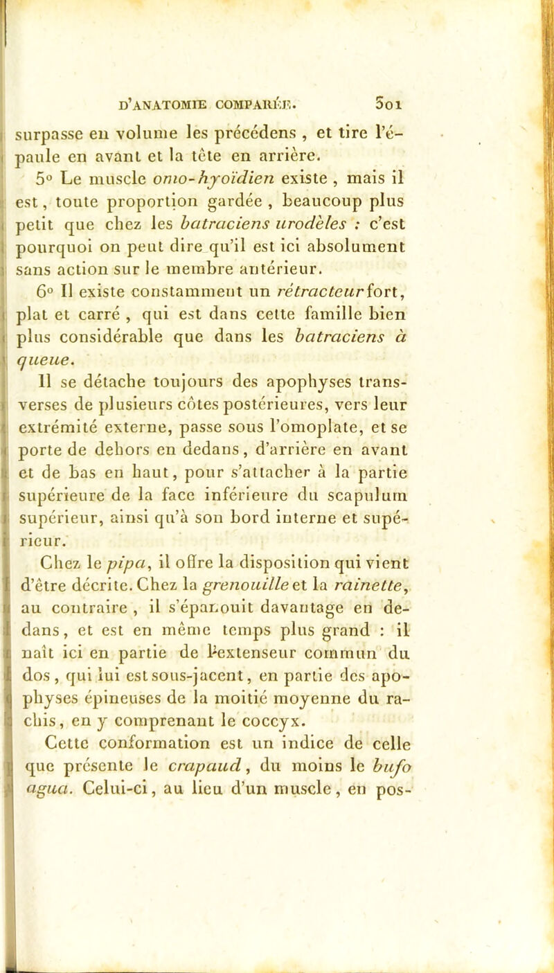 I surpasse eu volume les précédens , et tire l’é- î paille en avant et la tête en arrière. 5° Le muscle omo~hyoïdien existe , mais il est, toute proportion gardée , beaucoup plus I petit que chez les batraciens urodeles : c’est i pourquoi on peut dire qu’il est ici absolument t sans action sur le membre antérieur. 6° Il existe constamment un ré tracteur fort, ) plat et carré , qui est dans cette famille bien ( plus considérable que dans les batraciens à 1 queue. 11 se détache toujours des apophyses trans- ► verses de plusieurs côtes postérieures, vers leur { extrémité externe, passe sous l’omoplate, et se f porte de dehors en dedans, d’arrière en avant ij et de bas en haut, pour s’attacher à la partie f supérieure de la face inférieure du scapulurn J supérieur, ainsi qu’à son bord interne et supé- i rieur. Chez le pipa, il ofïre la disposition qui vient i d’être décrite. Chez la grenouille et la rainette, M au contraire , il s’épanouit davantage en de- I dans, et est en même temps plus grand : il C naît ici en partie de bextenseur commun du I dos, qui lui est sous-jacent, en partie des apo- < physes épineuses de la moitié moyenne du ra- id chis, en y comprenant le coccyx. Cette conformation est un indice de celle J que présente le crapaud, du moins le bufo s agua. Celui-ci, au lieu d’un muscle, en pos- 1