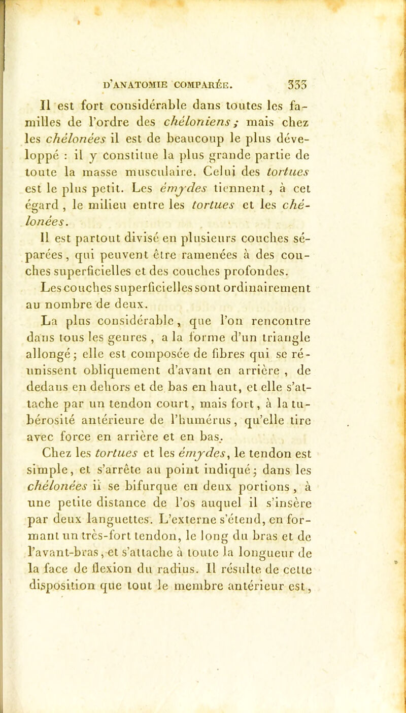 Il est fort considérable dans toutes les fa- milles de l’ordre des chéLoniens ; mais chez les chélonées il est de beaucoup le plus déve- loppé : il y constitue la plus grande partie de toute la masse musculaire. Celui des tortues est le plus petit. Les émjdes tiennent, à cet égard , le milieu entre les tortues et les ché- lonées. 11 est partout divisé en plusieurs couches sé- parées , qui peuvent être ramenées à des cou- ches superficielles et des couches profondes. Les couches superficielles sont ordinairement au nombre de deux. La plus considérable, que l’on rencontre dans tous les genres , a la forme d’un triangle allongé; elle est composée de fibres qui se ré- unissent obliquement d’avant en arrière , de dedans en dehors et de bas en haut, et elle s’at- tache par un tendon court, mais fort, à la tu- bérosité antérieure de l’humérus, qu’elle tire avec force en arrière et en bas.. Chez les tortues et les émjdes^ le tendon est simple, et s’arrête au point indiqué; dans les chélonées ii se bifurque en deux portions , à une petite distance de l’os auquel il s’insère par deux languettes. L’externe s’étend, en for- mant un très-fort tendon, le long du bras et de l’avant-bras, et s’attache à toute la longueur de la face de flexion du radius. Il résulte de cette disposition que tout le membre antérieur est,