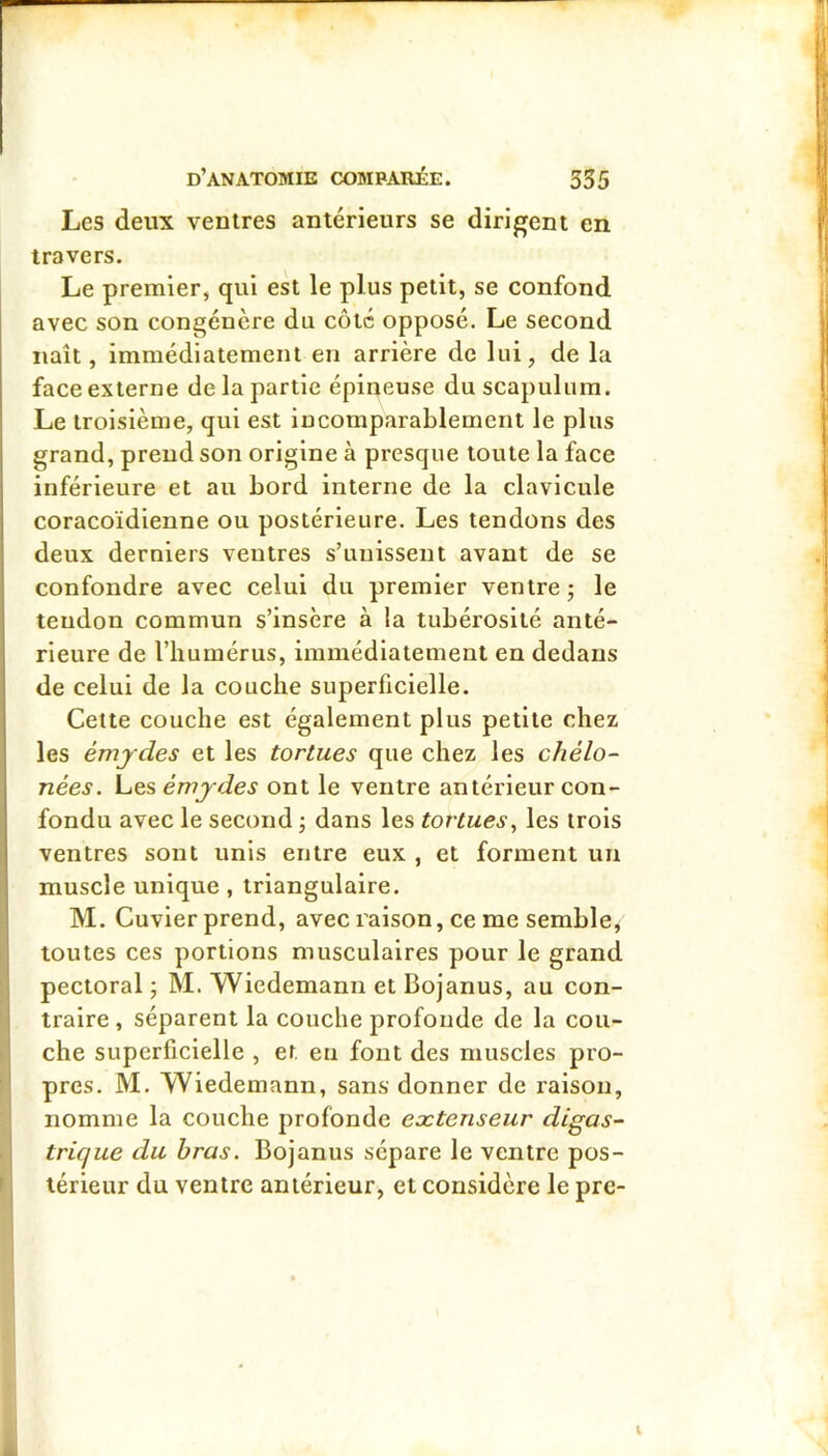 Les deux ventres antérieurs se dirigent en travers. Le premier, qui est le plus petit, se confond avec son congénère du côte opposé. Le second naît, immédiatement en arrière de lui, de la face externe de la partie épiueuse du scapulum. Le troisième, qui est incomparablement le plus grand, prend son origine à presque toute la face inférieure et au bord interne de la clavicule coracoïdienne ou postérieure. Les tendons des deux derniers ventres s’unissent avant de se confondre avec celui du premier ventre ; le tendon commun s’insère à la tubérosité anté- rieure de l’humérus, immédiatement en dedans de celui de la couche superficielle. Cette couche est également plus petite chez les émjdes et les tortues que chez les chélo- nées. iaeséwjdes ont le ventre antérieur con- fondu avec le second ; dans les tortues^ les trois ventres sont unis entre eux , et forment un muscle unique, triangulaire. M. Cuvier prend, avec raison, ce me semble, toutes ces portions musculaires pour le grand pectoral ; M. Wiedemann et Bojanus, au con- traire , séparent la couche profonde de la cou- che superficielle , et. eu font des muscles pro- pres. M. Wiedemann, sans donner de raison, nomme la couche profonde extenseur digas- trique du bras. Bojanus sépare le ventre pos- térieur du ventre antérieur, et considère le pre-