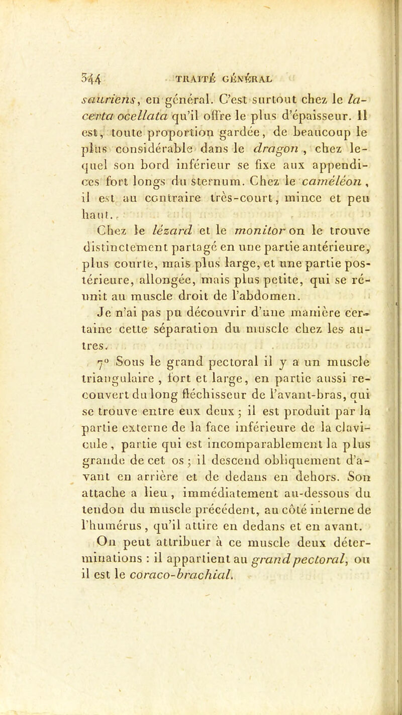 sauriens, en général. C’est surlout chez le In- certa ocellata qu’il offre le plus d’épaisseur. 11 est, toute proportion gardée, de beaucoup le plus considérable dans le dragon , chez le- quel son bord inférieur se fixe aux appendi- ces fort longs du sternum. Chez \e caméléon , il est au contraire très-court, mince et peu haut., Chez le lézard et le monitor on le trouve distinctement partagé en une partie antérieure, plus courte, mais plus large, et une partie pos- térieure, allongée, mais plus petite, qui se ré- unit au muscle droit de l’abdomen. i Je n’ai pas pu découvrir d’une manière eer-. tainc cette séparation du muscle chez les au- tres. 7° Sous le grand pectoral il y a un muscle triangulaire , fort et large, en partie aussi re- couvert du long flécbisseur de l’avant-bras, qui SC trouve entre eux deux ; il est produit par la partie externe de la face inférieure de la clavi- cule , partie qui est incomparablement la plus grande de cet os - il descend obliquement d’a- vant eu arrière et de dedans en dehors. Son attache a Heu, immédiatement au-dessous du tendon du muscle précédent, au côté interne de l’humérus, qu’il attire en dedans et en avant. On peut attribuer à ce muscle deux déter- minations : il appartient au grand pectoral, ou il est le coraco-brachial.