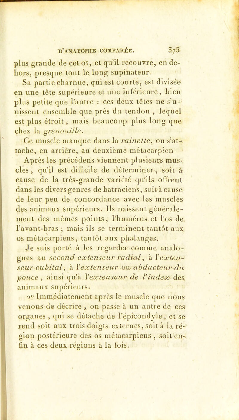 plus grande de cet os, et qu’il recouvre, en de- hors, presque tout le long supinateur. Sa partie charnue, qui est courte, est divisée en une tête supérieure et une inférieure. Lien plus petite que l’autre : ces deux têtes ne s’u- nissent ensemble que près du tendon , lequel est plus étroit, mais beaucoup plus long que chez la grenouilLe. Ce muscle manque dans la rainette, ou s’at- tache, en arrière, au deuxième métacarpien, Après les précédons viennent plusieurs mus- cles , qu’il est difficile de déterminer, soit à cause de la très-grande variété qu’ils offrent dans les divers genres de batraciens, soità cause de leur peu de concordance avec les muscles des animaux supérieurs. Ils naissent générale- ment des mêmes points, l’humérus et l’os de l’avant-bras ; mais ils se terminent tantôt aux os métacarpiens, tantôt aux phalanges. Je suis porté à les regarder comme analo- gues au second extenseur radial, à Vexten- seur cubital, à Vextenseur oo. abducteur du pouce , ainsi qu’à Xexienseur de l’index des animaux supérieurs. 2° Iramédlatenmnt après le muscle que nous venons de décrire , on passe à un autre de ces organes , qui se détache de l’épicond jie, et se rend soit aux trois doigts externes, soit à la ré- gion postérieure des os métacarpiens , soit en- fin à ces deux régions à la fois.