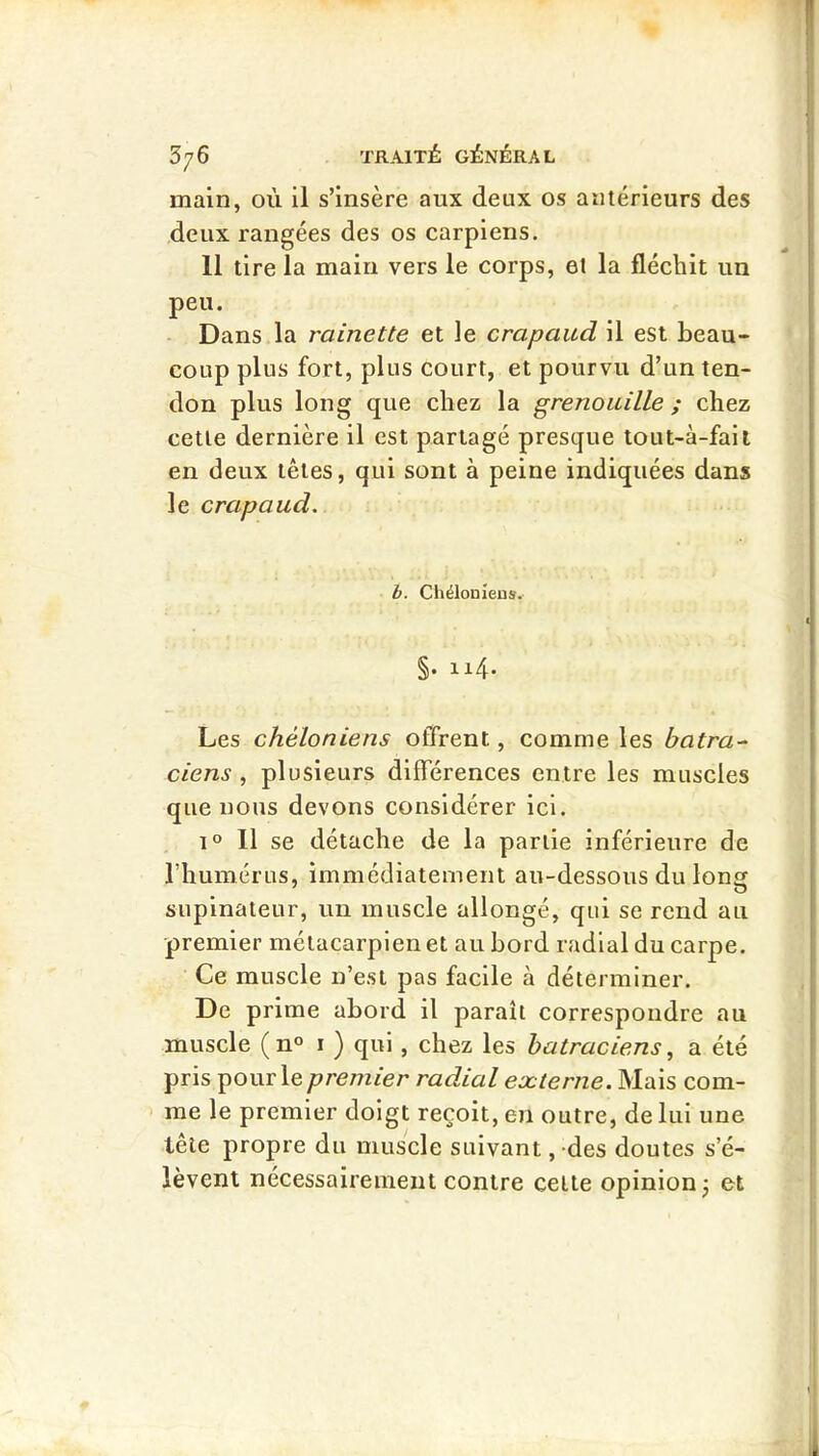 main, où il s’insère aux deux os autérieurs des deux rangées des os carpiens. 11 tire la main vers le corps, et la fléchit un peu. Dans la rainette et le crapaud il est beau- coup plus fort, plus court, et pourvu d’un ten- don plus long que chez la grenouille ; chez cette dernière il est partagé presque tout-à-fail en deux têtes, qui sont à peine indiquées dans le crapaud. b. Chélouïeus.' §• ll4- Les cheloniens offrent, comme les batra- ciens , plusieurs différences entre les muscles que nous devons considérer ici. 1° 11 se détache de la partie inférieure de l’humérus, immédiatement au-dessous du long supinateur, un muscle allongé, qui se rend au premier métacarpien et au bord radial du carpe. Ce muscle n’est pas facile à déterminer. De prime abord il paraît correspondre au muscle ( n® I ) qui, chez les batraciens, a été pris pour le premier radial externe. Mais com- > me le premier doigt reçoit, en outre, de lui une tête propre du muscle suivant ,-des doutes s’é- lèvent nécessairement contre celte opinion 3 et