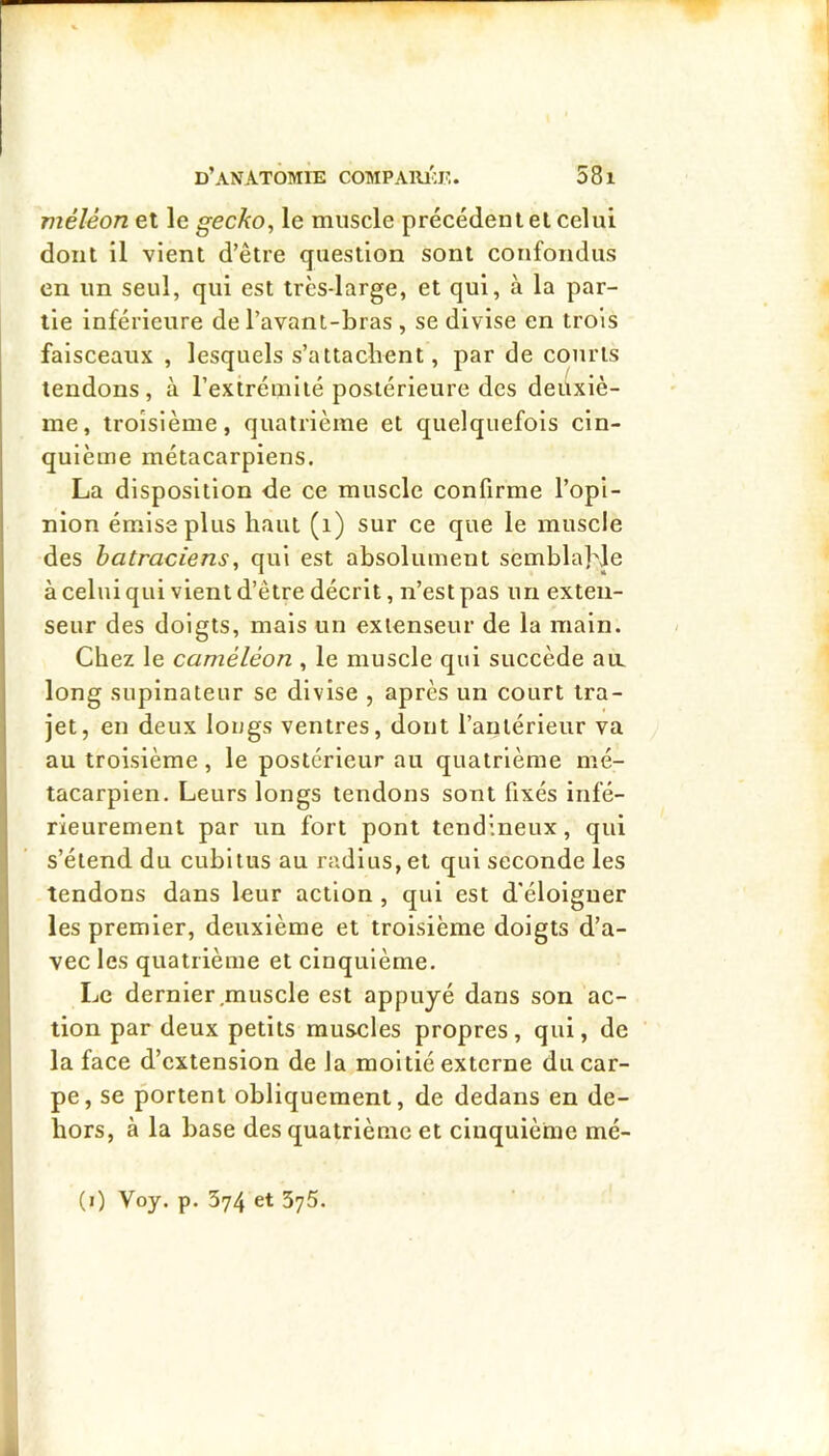 méléon et le gecko^ le muscle précédent et celui dont il vient d’être question sont confondus en un seul, qui est trcs-large, et qui, à la par- tie inférieure de l’avant-bras , se divise en trois faisceaux , lesquels s’attachent, par de courts tendons, à l’extrémité postérieure des deuxiè- me, troisième, quatrième et quelquefois cin- quième métacarpiens. La disposition de ce muscle confirme l’opi- nion émise plus haut (i) sur ce que le muscle des batraciens, qui est absolument semblajde à celui qui vient d’être décrit, n’est pas un exten- seur des doigts, mais un extenseur de la main. Chez le caméléon , le muscle qui succède aa long supinateur se divise , après un court tra- jet, en deux longs ventres, dont l’antérieur va au troisième, le postérieur au quatrième mé- tacarpien. Leurs longs tendons sont fixés infé- rieurement par un fort pont tendineux, qui s’étend du cubitus au radius, et qui seconde les tendons dans leur action , qui est d'éloigner Iles premier, deuxième et troisième doigts d’a- vec les quatrième et cinquième. Le dernier .muscle est appuyé dans son ac- ’ tion par deux petits muscles propres, qui, de la face d’extension de la moitié externe ducar- [ pe, se portent obliquement, de dedans en de- 1 hors, à la base des quatrième et cinquième mé- (i) Voy. p. 374 et 5y5.