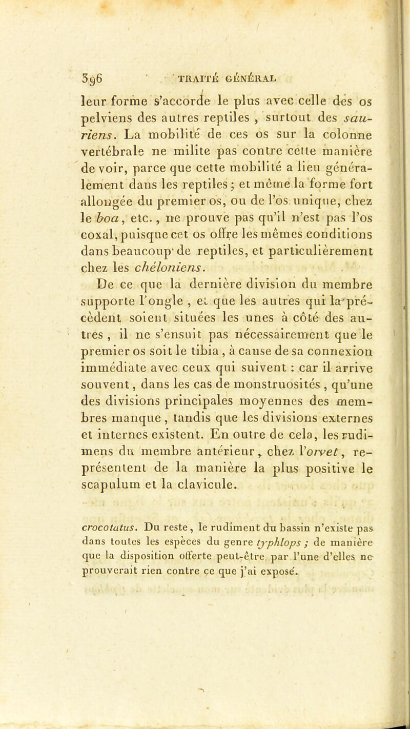 leur forme s’accorde le plus avec celle des os pelviens des autres reptiles , surtout des sau- riens. La mobilité de ces os sur la colonne vertébrale ne milite pas contre celte manière devoir, parce que cette mobilité a Heu généra- lement dans les reptiles j et meme la'forme fort allongée du premier os, ou de l’os unique, chez le l?oa, etc., ne prouve pas qu’il n’est pas l’os coxal, puisque cet os offre les mêmes conditions dans beaucoup* de reptiles, et particulièrement chez les chéloniens. De ce que la dernière division du membre supporte l’ongle , et que les autres qui la^pré- cèdent soient situées les unes à côté des au- tres , il ne s’ensuit pas nécessairement que le premier os soit le tibia , à cause de sa connexion immédiate avec ceux qui suivent : car il arrive souvent, dans les cas de monstruosités , qu’une des divisions principales moyennes des mem- bres manque , tandis que les divisions externes et internes existent. En outre de cela, lesrudl- mens du membre antérieur, chez l’o/ve/, re- présentent de la manière la plus positive le scapulum et la clavicule. crocotutus. Du reste, le rudiment du bassin n’existe pas dans toutes les espèces du genre tjyhlops ; de manière que la disposition olFerte peut-être par l’une d’elles ne prouverait rien contre ce que j’ai expose'. / /