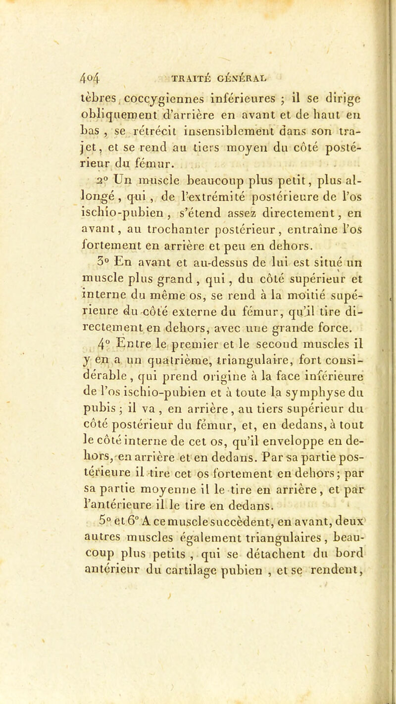 lèbres, coccjgiennes inférieures j il se dirige obllqueinent d’arrière en avant et de haut en bas , se rétrécit insensiblement dans son tra- jet, et se rend au tiers moyen du côté posté- rieur du fémur. 3^ Un muscle beaucoup plus petit, plus al- longé , qui , de l’extrémité postérieure de l’os iscliio-pubien , s’étend assez directement, en avant, au trochanter postérieur, entraîne l’os fortement en arrière et peu en dehors. 30 En avant et au-dessus de lui est situé un muscle plus grand , qui, du côté supérieur et interne du même os, se rend à la moitié supé- rieure du-côté externe du fémur, qu’il tire di- rectement en dehors, avec une grande force. 4° Entre le premier et le second muscles il y en a un quatrième, triangulaire, fort consi- dérable , qui prend origine à la face inférieure de 1’ os ischio-pubien et à toute la symphyse du pubis 3 il va , en arrière , au tiers supérieur du côté postérieur du fémur, et, en dedans, à tout le côté interne de cet os, qu’il enveloppe en de- hors,'en arrière et en dedans. Par sa partie pos- térieure il lire cet os fortement en dehors; par sa partie moyenne il le tire en arrière, et par l’antérieure ible tire en dedans. 5° et 6° A ce muscle succèdent, en avant, deux autres muscles également triangulaires , beau- coup plus petits , qui se détachent du bord antérieur du cartilage pubien , et se rendent,