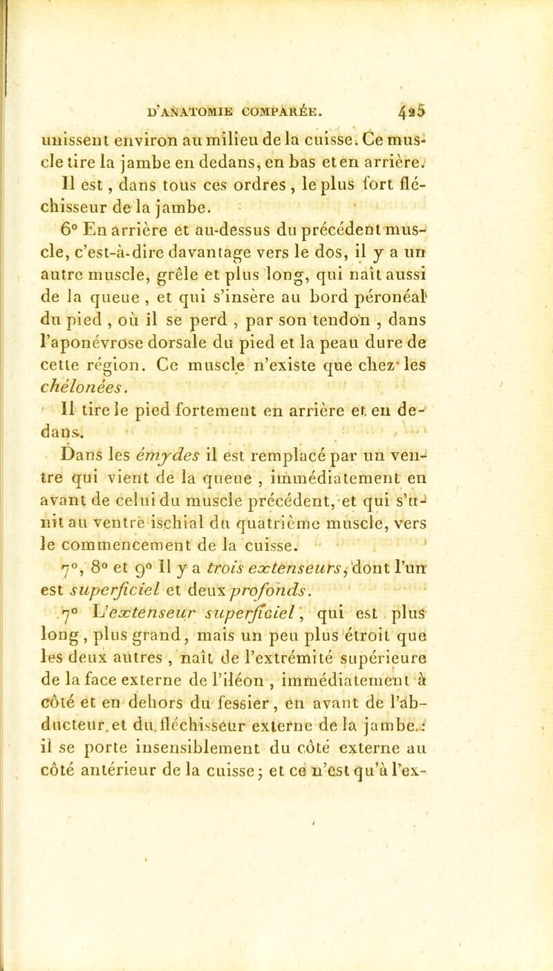 imlsseui environ au milieu delà cuisse i Ce mus- cle tire la jambe en dedans, en bas eten arrière. Il est, dans tous ces ordres , le plus fort flé- chisseur de la jambe. 6° En arrière et au-dessus du précédent mus- cle, c’est-à-dire davantage vers le dos, il y a un autre muscle, grêle et plus long, qui naît aussi de la queue , et qui s’insère au bord péronéaf du pied , où il se perd , par son tendon , dans l’aponévrose dorsale du pied et la peau dure de cette région. Ce muscle n’existe que chez* les chélonées. Il tire le pied fortement en arrière et eu de- dans. • •' Dans les émydes il est remplacé par un ven- tre qui vient de la queue , irnmédlatement en avant de celui du muscle précédent,-et qui s’it-^ nit au ventre isclilal du quatrième muscle, vers le commencement de la cuisse. 7°, 8“ et 9“ 11 y a trois extenseursj'àonl l’un est superficiel et à.ew'si profonds. 7° U extenseur superficiel', qui est plus long , plus grand, mais un peu plus'étroit que les deux autres , naît de l’extrémité supérieure de la face externe de l’Iléon , immédiatement à côté et en dehors du fessier, en avant de l’ab- ducteur,et du.fléchisseur externe delà jambe..; il se porte insensiblement du côté externe au côté antérieur de la cuisse j et ce n’est qu’à l’ex-