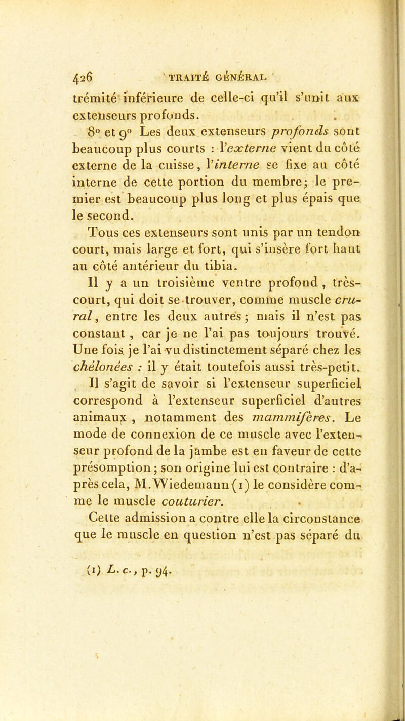 trémité*inférieure de celle-ci qu’il s’unit aux extenseurs profonds. 8® et 9° Les deux extenseurs profonds sont beaucoup plus courts : Veæterne vient du côté externe de la cuisse, Vinterne se fixe au côté interne de celte portion du membre; le pre- mier est beaucoup plus long et plus épais que le second. Tous ces extenseurs sont unis par un tendon court, mais large et fort, qui s’insère fort liant au côté antérieur du tibia. Il y a un troisième ventre profond , très- court, qui doit se-trouver, comme muscle cru- ral ^ entre les deux autres; mais il n’est pas constant , car je ne l’ai pas toujours trouvé. Une fois, je l’ai vu distinctement séparé chez les chélonées : il y était toutefois aussi très-petit. Il s’agit de savoir si l’extenseur superficiel correspond à l’extenseur superficiel d’autres animaux , notamment des mammifères. Le mode de connexion de ce muscle avec l’exteii- seur profond de la jambe est en faveur de celte présomption ; son origine lui est contraire : d’a- près cela, M.Wiedemann(i) le considère com- me le muscle couturier. Celte admission a contre elle la circonstance que le muscle en question n’est pas séparé du (1) L. c., p. 94.