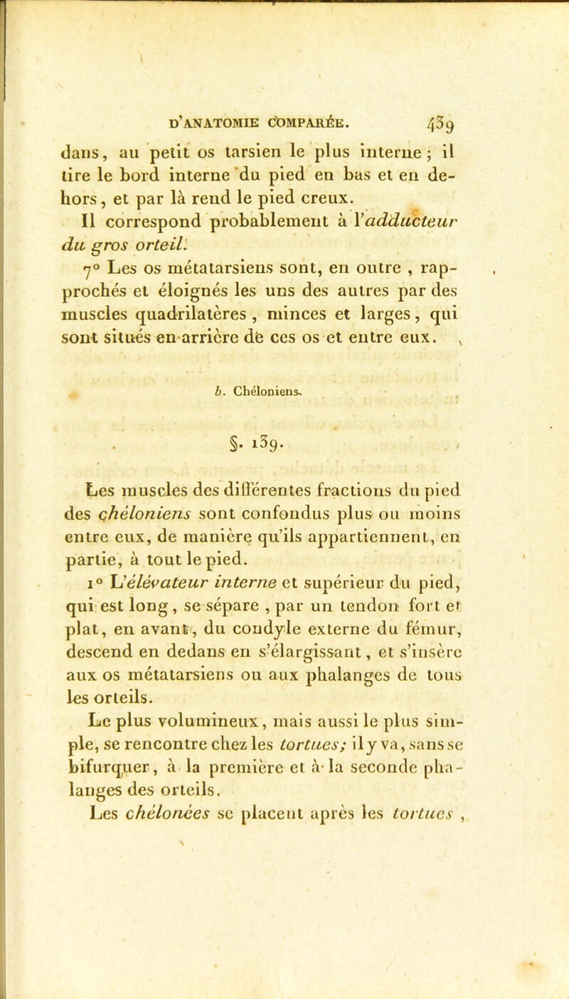 dans, au petit os tarsien le plus interue ; il lire le bord interne 'du pied en bas et en de- hors , et par là rend le pied creux. Il correspond probablement à Vadducteur du gros orteil'. 70 Les os métatarsiens sont, en outre , rap- prochés et éloignés les uns des autres par des muscles quadrilatères , minces et larges, qui sont situés en-arrière dë ces os et entre eux. ^ b. Chélonieu». , §. iSg. . . Les muscles des différentes fractions du pied des çhéloniens sont confondus plus ou moins entre eux, de manière qu’ils appartiennent, en partie, à tout le pied. 1° Uélévateur interne et supérieur du pied, qui est long, se sépare , par un tendon fort et plat, en avant, du coudyle externe du fémur, descend en dedans en s’élargissant, et s’insère aux os métatarsiens ou aux phalanges de tous les orteils. Le plus volumineux, mais aussi le plus sim- ple, se rencontre chez les tortues; ily va, sans se bifurqqer, à la première et à-la seconde pha- langes des orteils. Les chélonèes sc placent après les tortues ,