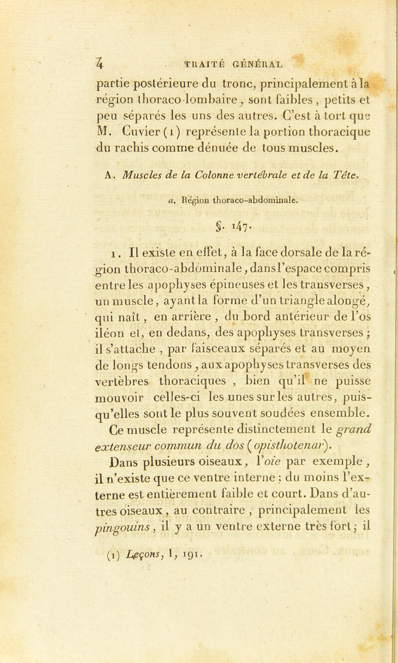 partie postérieure du tronc, principalement à la région ihoraco-lombaire^ sont faibles , petits et peu séparés les uns des autres. C’est à tort que M. Cuvier (i) représente la portion thoracique du rachis comme dénuée de tous muscles. A . Muscles de la Colonne vertébrale et de la Tête, a. Région thoraco-abdominale. §• i47- 1. Il existe en effet, à la face dorsale de la ré- gion thoraco-abdominale, dansl’espace compris entre les apophyses épineuses et lestraiisverses, un muscle, ayant la forme d’un trianglealongé, ‘ qui naît, en arrière , du bord antérieur de l’os iléon et, en dedans, des apophyses transverses ; il s’attache , par faisceaux séparés et au moyen de longs tendons^ aux apophyses transverses des vertèbres thoraciques , bien qu’il ne puisse mouvoir celles-ci les unes sur les autres, puis- qu’elles sont le plus souvent soudées ensemble. Ce muscle représente distinctement le grand extenseur commun du dos ( opisthotenai^. Dans plusieurs oiseaux, Voie par exemple , il n’existe que ce ventre internedu moins l’ex- terne est entièrement faible et court. Dans d’au- tres oiseaux, au contraire principalement les pingouins, il y a un ventre externe très Ibrt j il (i) Leçons, 1, 191.