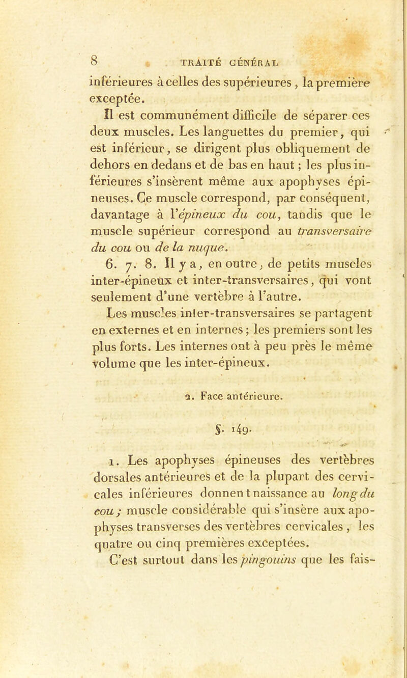 inférieures à celles des supérieures, la première exceptée. Il est communément difficile de séparer ces deux muscles. Les languettes du premier, qui est inférieur, se dirigent plus obliquement de dehors en dedans et de bas en haut ; les plus in- férieures s’insèrent même aux apophyses épi- neuses. Ce muscle correspond, par conséquent, davantage à Y épineux du cou, tandis que le muscle supérieur correspond au p'ansversaire du cou ou de la nuque. 6. 7. 8. Il y a, en outre, de petits muscles inter-épineux et inter-transversaires, qui vont seulement d’une vertèbre à l’autre. Les muscles inler-transversaires se partagent en externes et en internes ; les premiers sont les plus forts. Les internes ont à peu près le même volume que les inter-épineux. « 1. Face antérieure. * S- i49- 1. Les apophyses épineuses des vertèbres dorsales antérieures et de la plupart des cervi- cales inférieures donnen tnaissance au longdu cou; muscle considérable qui s’insère aux apo- physes transverses des vertèbres cervicales , les quatre ou cinq premières exceptées. C’est surtout dans les pingouins que les fais-