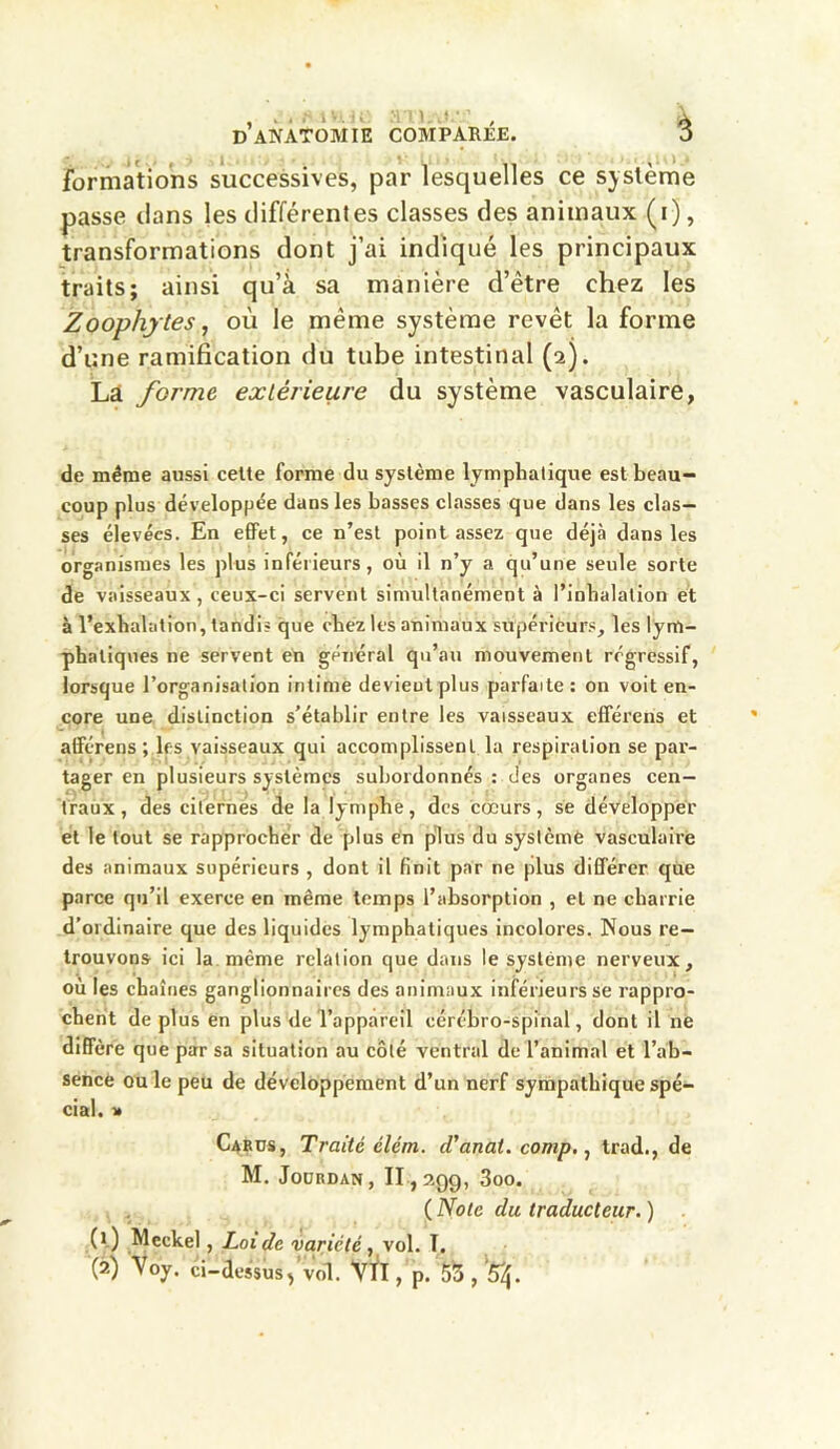 j k * • 1 '• iK ' / A D ANATOMIE COMPAREE. O formations successives, par lesquelles ce système passe ilans les différentes classes des animaux (i), transformations dont j’ai indiqué les principaux traits; ainsi qu’à sa manière d’être chez les Zoophytes, où le même système revêt la forme d’une ramification du tube intestinal (2). Là forme extérieure du système vasculaire, de même aussi celte forme du système lymphatique est beau- coup plus développée dans les basses classes que dans les clas- ses élevées. En effet, ce n’est point assez que déjà dans les organismes les plus inférieurs, où il n’y a qu’une seule sorte de vaisseaux, ceux-ci servent simultanément à l’inhalation et à l’exhalation, tandis que chez les animaux supérieurs, les lym- phatiques ne servent en général qu’au mouvement régressif, lorsque l’organisation intime devient plus parfaite : on voit en- core une distinction s’établir entre les vaisseaux efférens et afférens ; les vaisseaux qui accomplissent la respiration se par- tager en plusieurs systèmes subordonnés : des organes cen- traux, des citernes de la lymphe, des cœurs, se développer et le tout se rapprocher de plus en plus du système vasculaire des animaux supérieurs , dont il finit par ne plus différer que parce qu’il exerce en même temps l’absorption , et ne charrie d’ordinaire que des liquides lymphatiques incolores. Nous re- trouvons ici la même relation que dans le système nerveux, où les chaînes ganglionnaires des animaux inférieurs se rappro- chent déplus en plus de l’appareil cérébro-spinal, dont il ne diffère que par sa situation au côté ventral de l’animal et l’ab- sence ou le peu de développement d’un nerf sympathique spé- cial. » CUbus, Traité élém. d’anal, comp., trad., de M. Jourdan , 11,299, 3oo. ( Note du traducteur. ) (1) Meckel, Loi de variété, vol. T.