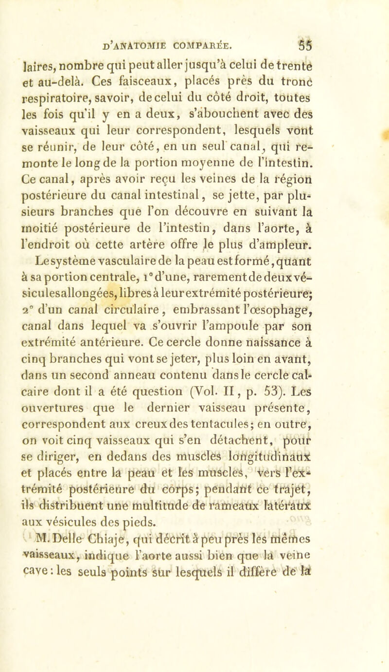 laires, nombre qui peut aller jusqu’à celui de trente et au-delà. Ces faisceaux, placés près du trôné respiratoire, savoir, de celui du côté droit, toutes les fois qu’il y en a deux, s’abouchent avec des vaisseaux qui leur correspondent, lesquels vont se réunir, de leur côté, en un seul canal, qui re- monte le long de la portion moyenne de l’intestin. Ce canal, après avoir reçu les veines de la région postérieure du canal intestinal, se jette, par plu- sieurs branches que l’on découvre en suivant la moitié postérieure de l’intestin, dans l’aorte, à l’endroit où cette artère offre le plus d’ampleur. Lesystème vasculaire de la peau estformé,quant à sa portion centrale, i° d’une, rarementdedeuxvé- siculesallongées, libres à leur extrémité postérieure; 2° d’un canal circulaire , embrassant l’œsophage, canal dans lequel va s’ouvrir l’ampoule par son extrémité antérieure. Ce cercle donne naissance à cinq branches qui vont se jeter, plus loin en avant, dans un second anneau contenu dans le cercle cal- caire dont il a été question (Vol. II, p. 53). Les ouvertures que le dernier vaisseau présente, correspondent aux creux des tentacules; en outre, on voit cinq vaisseaux qui s’en détachent, pour se diriger, en dedans des muscles longitudinaux et placés entre la peau et les muscles, vers l’ex* trémité postérieure du corps; pendant ce trajet, ils distribuent une multitude de rameaux latéraux aux vésicules des pieds. M. Delle Chiaje, qui décrit à peu près les mêmes vaisseaux, indique l’aorte aussi bien que la veine cave : les seuls points sur lesquels il diffère de ht