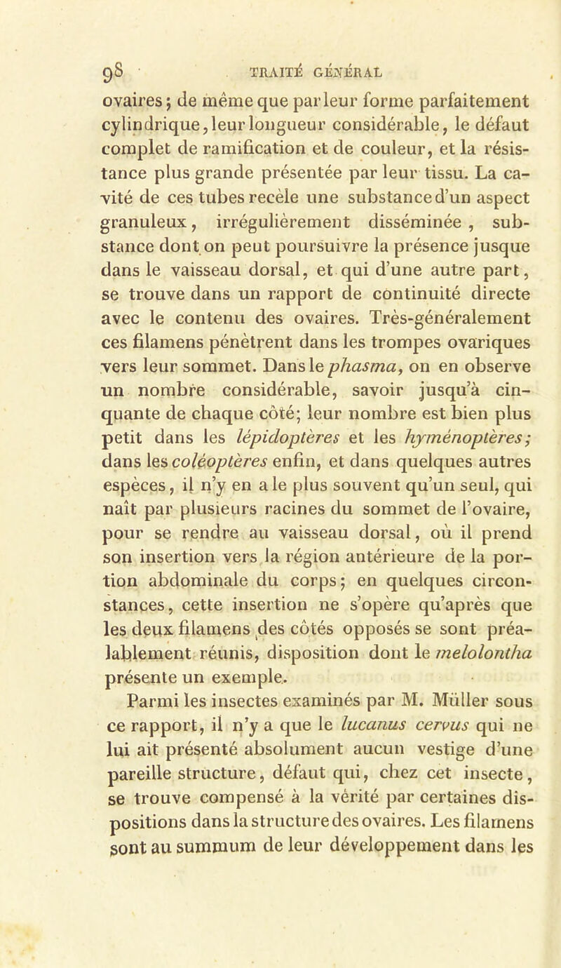 ovaires; de même que parleur forme parfaitement cylindrique, leur longueur considérable, le défaut complet de ramification et de couleur, et la résis- tance plus grande présentée par leur tissu. La ca- vité de ces tubes recèle une substance d’un aspect granuleux, irrégulièrement disséminée , sub- stance dont on peut poursuivre la présence jusque dans le vaisseau dorsal, et qui d’une autre part, se trouve dans un rapport de continuité directe avec le contenu des ovaires. Très-généralement ces filamens pénètrent dans les trompes ovariques vers leur sommet. Dans le phasma, on en observe un nombre considérable, savoir jusqu’à cin- quante de chaque côté; leur nombre est bien plus petit dans les lépidoptères et les hyménoptères ; dans les coléoptères enfin, et dans quelques autres espèces, il n’y en a le plus souvent qu’un seul, qui naît par plusieurs racines du sommet de l’ovaire, pour se rendre au vaisseau dorsal, où il prend son insertion vers la région antérieure de la por- tion abdominale du corps; en quelques circon- stances, cette insertion ne s’opère qu’après que les deux filamens .des côtés opposés se sont préa- lablement réunis, disposition dont le melolontha présente un exemple.. Parmi les insectes examinés par M. Müller sous ce rapport, il n’y a que le lucanus cervus qui ne lui ait présenté absolument aucun vestige d’une pareille structure, défaut qui, chez cet insecte , se trouve compensé à la vérité par certaines dis- positions dans la structure des ovaires. Les filamens sont au summum de leur développement dans les
