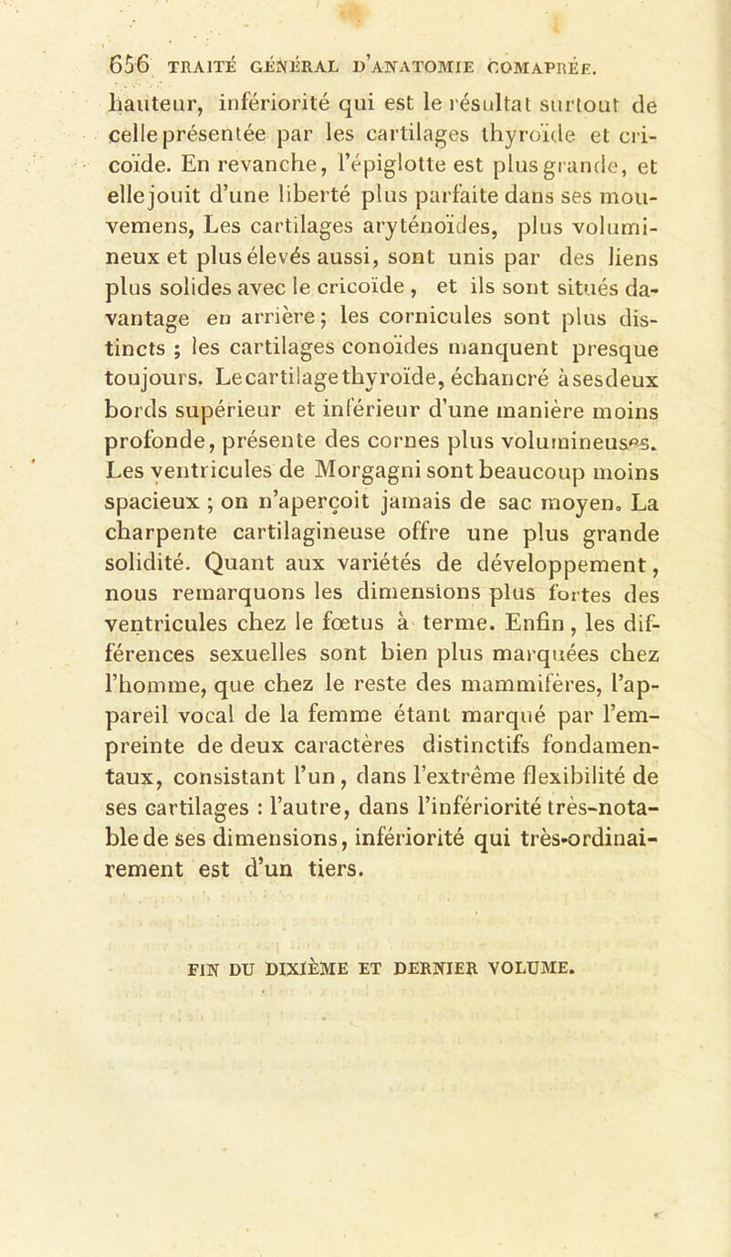 hauteur, infériorité qui est le résultat surtout de celle présentée par les cartilages thyroïde et cri- coïde. En revanche, l’épiglotte est plus grande, et elle jouit d’une liberté plus parfaite dans ses mou- vemens. Les cartilages aryténoïdes, plus volumi- neux et plus élevés aussi, sont unis par des liens plus solides avec le cricoïde , et ils sont situés da- vantage en arrière ; les cornicules sont plus dis- tincts ; les cartilages conoïdes manquent presque toujours. Lecartilagethyroïde, échancré àsesdeux bords supérieur et inférieur d’une manière moins profonde, présente des cornes plus volumineus'^5. Les ventricules de Morgagni sont beaucoup moins spacieux ; on n’aperçoit jamais de sac moyen, La charpente cartilagineuse offre une plus grande solidité. Quant aux variétés de développement, nous remarquons les dimensions plus fortes des ventricules chez le fœtus à terme. Enfin, les dif- férences sexuelles sont bien plus marquées chez l’homme, que chez le reste des mammifères, l’ap- pareil vocal de la femme étant marqué par l’em- preinte de deux caractères distinctifs fondamen- taux, consistant l’un , dans l’extrême flexibilité de ses cartilages : l’autre, dans l’infériorité très-nota- ble de ses dimensions, infériorité qui très-ordinai- rement est d’un tiers. FIN DU DIXIÈME ET DERNIER VOLUME.