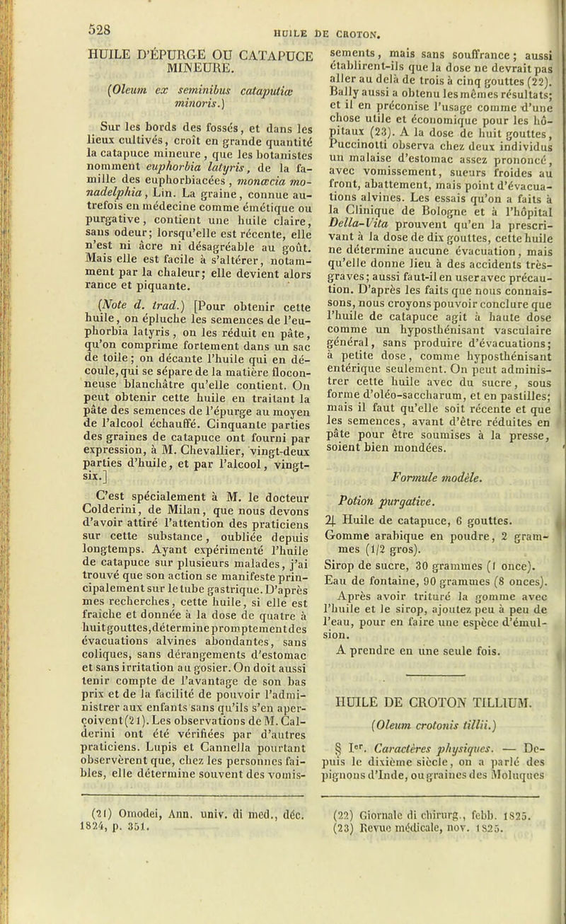 HUILE D’ÉPURGE OU CATAPUCE MINEURE. (Olcum ex seminibus cataputiœ minoris.) Sur les bords des fossés, et dans les lieux cultivés, croît en grande quantité la catapuce mineure , que les botanistes nomment cuphorbia latyris, de la fa- mille des euphorbiacées , monœcia mo- nadelphia, Lin. La graine, connue au- trefois en médecine comme émétique ou purgative, contient une huile claire, sans odeur; lorsqu’elle est récente, elle n’est ni âcre ni désagréable au goût. Mais elle est facile à s’altérer, notam- ment par la chaleur; elle devient alors rance et piquante. (Note d. Irad.) [Pour obtenir cette huile, on épluche les semences de l’eu- phorbia latyris, on les réduit en pâte, qu’on comprime fortement dans un sac de toile ; on décante l’huile qui en dé- coule, qui se sépare de la matière flocon- neuse blanchâtre qu’elle contient. On peut obtenir cette huile en traitant la pâte des semences de l’épurge au moyen de l’alcool échauffé. Cinquante parties des graines de catapuce ont fourni par expression, à M. Chevallier, vingt-deux parties d’huile, et par l’alcool, vingt- six.] C’est spécialement à M. le docteur Colderini, de Milan, que nous devons d’avoir attiré l’attention des praticiens sur cette substance, oubliée depuis longtemps. Ayant expérimenté l’huile de catapuce sur plusieurs malades, j’ai trouvé que son action se manifeste prin- cipalement sur le tube gastrique. D’après mes recherches, cette huile, si elle est fraîche et donnée à la dose de quatre à huit gouttes,détermine promptement des évacuations alvines abondantes, sans coliques, sans dérangements d'estomac et sans irritation au gosier. On doit aussi tenir compte de l’avantage de son bas prix et de la facilité de pouvoir l’admi- nistrer aux enfants sans qu’ils s’en aper- çoivent^ 1). Les observations de M. Cal- derini ont été vérifiées par d’autres praticiens. Lupis et Cannella pourtant observèrent que, chez les personnes fai- bles, elle détermine souvent des vomis- sements, mais sans souffrance; aussi établirent-ils que la dose ne devrait pas aller au delà de trois à cinq gouttes (22). Bally aussi a obtenu les mêmes résultats; et il en préconise l’usage comme d’une chose utile et économique pour les hô- pitaux (23). A la dose de huit gouttes, Puccinolli observa chez deux individus un malaise d’estomac assez prononcé, avec vomissement, sueurs froides au front, abattement, mais point d’évacua- tions alvines. Les essais qu’on a faits à la Clinique de Bologne et à l’hôpital Della-Vita prouvent qu’en la prescri- vant à la dose de dix gouttes, cette huile ne détermine aucune évacuation, mais qu’elle donne lieu à des accidents très- graves; aussi faut-il en user avec précau- tion. D’après les faits que nous connais- sons, nous croyons pouvoir conclure que l’huile de catapuce agit à haute dose comme un hyposthénisant vasculaire général, sans produire d’évacuations; à petite dose, comme hyposthénisant entérique seulement. On peut adminis- trer cette huile avec du sucre, sous forme d’oléo-saccharum, et en pastilles; mais il faut qu’elle soit récente et que 1 les semences, avant d’être réduites en pâte pour être soumises à la presse, soient bien mondées. Formule modèle. Potion purgative. 2J. Huile de catapuce, G gouttes. Gomme arabique en poudre, 2 gram- mes (1/2 gros). Sirop de sucre, 30 grammes (I once). Eau de fontaine, 90 grammes (8 onces). Après avoir trituré la gomme avec l’huile et le sirop, ajoutez peu à peu de l’eau, pour en faire une espèce d’émul- sion. A prendre eu une seule fois. HUILE DE CROTON TILLIUM. (Oleum crotonis tillii.) § Ier. Caractères physiques. — De- puis le dixième siècle, on a parlé des pignons d’Inde, ougrainesdes Moluques (21) Omodei, Ann. univ. di med., déc. (22) Giornatè di chirurg., febb. 1S25. 1824, p. 351. (23) Revue médicale, nov. 1S25.