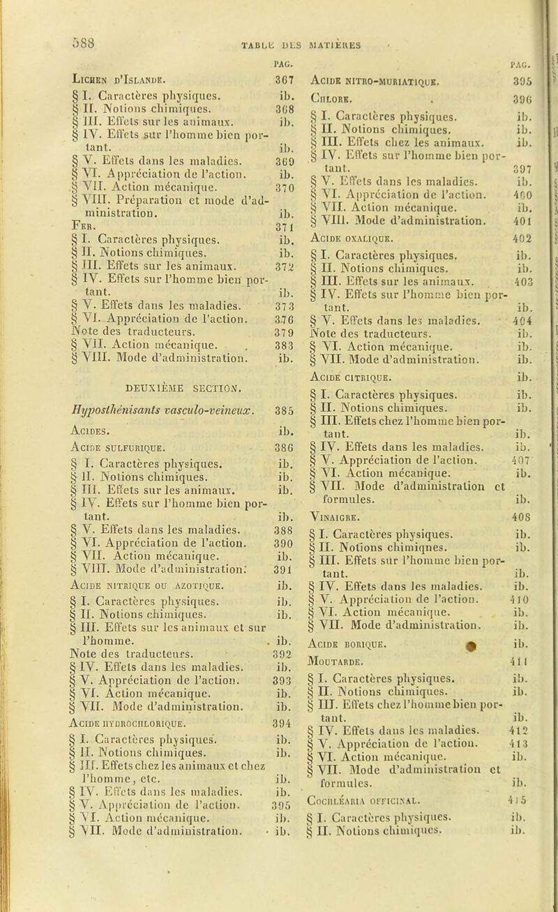 5S8 PAG. Lichen d’Islande. 367 § I. Caractères physiques. ib. § II. Notions chimiques. 368 § III. Effets sur les animaux. ib. § IV. Effets sur l’homme bien por- tant. ib. § V. Effets dans les maladies. 369 § VI. Appréciation de l’action. ib. g VII. Action mécanique. 370 § VIII. Préparation et mode d’ad- ministration. ib. Fer. 371 § I. Caractères physiques. ib. § II. Notions chimiques. ib. § III. Effets sur les animaux. 372 § IV. Effets sur l'homme bien por- tant. ib. § A. Effets dans les maladies. 373 § VI. Appréciation de l’action. 3-76 Note des traducteurs. 379 § Vil. Action mécanique. , 383 § VIII. Mode d’administration. ib. DEUXIÈME SECTION. Hyposthénisants vasculo-veineux. 385 Acides. ib. Acide sulfurique. 386 § I. Caractères physiques. ib. § 11. Notions chimiques. ib. § III. Effets sur les animaux. ib. § IV. Effets sur l’homme bien por- tant. ib. § V. Effets dans les maladies. 388 § VI. Appréciation de l’action. 390 § VII. Action mécanique. ib. § VIIT. Mode d’administration. 391 Acide nitrique ou azotique. ib. § I. Caractères physiques. ib. § II. Notions chimiques. ib. § III. Effets sur les animaux et sur l’homme. . ib. Note des traducteurs. 392 § IV. Effets dans les maladies. ib. § V. Appréciation de l’action. 393 § VI. Action mécanique. ib. § AIL Mode d’administration. ib. Acide iiïDROCiiLORiQUE. 394 § I. Caractères physiques. ib. § II. Notions chimiques. ib. § III. Effets chez les animaux et chez l’homme, etc. ib. § IV. Effets dans les maladies. ib. § V. Appréciation de l’action. 395 § VI. Action mécanique. il». PAG. Acide nitro-muriatiquk. 395 Chlore. . 396 § I. Caractères physiques. ib. ^ II. Notions chimiques. ib. § III. Effets chez les animaux. ib. § IV. Effets sur l’homme bien por- tant. 397 § V. Effets dans les maladies. ib. § A7I. Appréciation de l’action. 400 § VII. Action mécanique. ib. § VIII. Mode d’administration. 401 Acide oxalique. 402 § I. Caractères physiques. ib. § II. Notions chimiques. ib. § III. Effets sur les animaux. 403 § IV- Effets sur l’homme bien por- tant. ib. § V. Effets dans les maladies. 404 Note des traducteurs. ib. § VI. Action mécanique. ib. § VII. Mode d’administration. ib. Acide citrique. ib. § I. Caractères physiques. ib. § II. Notions chimiques. ib. § III. Effets chez l’homme bien por- tant. ib. § IV. Effets dans les maladies. ib. § V. Appréciation de l’action. 407 § VI. Action mécanique. ib. § VII. Mode d’administration et formules. ib. Vinaigre. 40S § I. Caractères physiques. ib. § II. Notions chimiqnes. ib. § III. Effets sur l’homme bien por- tant. ib. § IV. Effets dans les maladies. ib. § V. Appréciation de l’action. 410 § VI. Action mécanique. ib. § VII. Mode d’administration. ib. Acide borique. £ ib. Moutarde. 411 § I. Caractères physiques. ib. § II. Notions chimiques. ib. § III. Effets chez l’homme bien por- tant. ib. § IV- Effets dans les maladies. 412 § AL Appréciation de l’action. 413 § VI. Action mécanique. ib. § VIL Mode d’administration et formules. ib. CoCIlLKARIA OFFICINAL. 4 I 5 § I. Caractères physiques. ib.