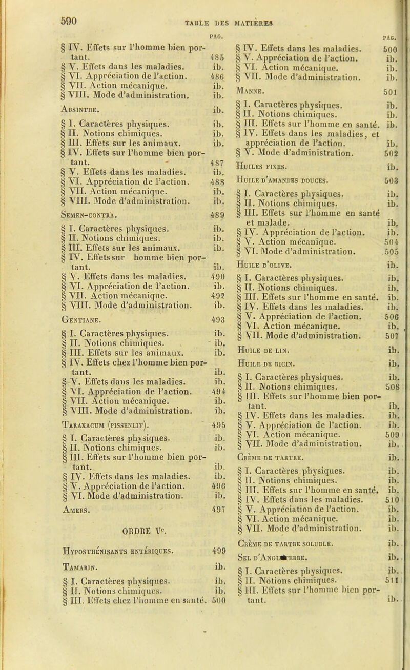 PAO. § IV. Effets sur l’homme bien por- tant. 485 § V. Effets dans les maladies. ib. § VI. Appréciation de l’action. 486 § VU. Action mécanique. ib. § VIH. Mode d’administration. ib. Absinthe. ib. § I. Caractères physiques. ib. § IL Notions chimiques. ib. § III. Effets sur les animaux. ib. § IV. Effets sur l’homme bien por- tant. - 487 § V. Effets dans les maladies. ib. § VI. Appréciation de l’action. 488 § VII. Action mécanique. ib. § VIII- Mode d’administration. ib. Semkn-contrà. 489 § I. Caractères physiques. ib. § II. Notions chimiques. ib. § III. Effets sur les animaux. ib. § IV. Effets sur homme bien por- tant. ib. § V. Effets dans les maladies. 490 § VI. Appréciation de l’action. ib. § VIT. Action mécanique. 492 § VIH. Mode d’administration. ib. Gentiane. 493 § I. Caractères physiques. ib. § II. Notions chimiques. ib. § III. Effets sur les animaux. ib. § IV. Effets chez l’homme bien por- tant. ib. § V. Effets dans les maladies. ib. § VI. Appréciation de l’action. 494 § VII. Action mécanique. ib. § VIII. Mode d’administration. ib. Taraxacum (pissenlit). 495 § I. Caractères physiques. ib. § II. Notions chimiques. ib. § III. Effets sur l’homme bien por- tant. ib. § IV. Effets dans les maladies. ib. § V. Appréciation de l’action. 496 § VI. Mode d’administration. ib. Amers. 497 ORDRE Ve. Hypostiiénisants entériques. 499 Tamarin. ib. § I. Caractères physiques. ib. $ II. Notions chimiques. ib. § III. Effets chez l’homme en santé. 500 PAC, I § IV. Effets dans les maladies. 500 S V. Appréciation de l’action. ib. S VI. Action mécanique. ib. § VIL Mode d’administration. ib. Manne. 501 § I. Caractères physiques. ib. § II. Notions chimiques. ib. § III. Effets sur l’homme en santé, ib. § IV. Effets dans les maladies, et appréciation de l’action. ib. § V. Mode d’administration. 502 Huiles fixes. ib. Huile d’amandes douces. 503 § I. Caractères physiques. ib. § II. Notions chimiques. ib. § III. Effets sur l’homme en santé et malade. ib. § IV. Appréciation de l’action. ib. § V. Action mécanique. 504 § VI. Mode d’administration. 505 Huile d’olive. ib. § I. Caractères physiques. ib. § IL Notions chimiques. ib. g ni. Effets sur l’homme en santé, ib. § IV- Effets dans les maladies. ib. § V. Appréciation de l’action. 506 § VI. Action mécanique. ib. , § VII. Mode d’administration. 507 Huile de lin. ib. Huile de ricin. ib. § I. Caractères physiques. ib. § II. Notions chimiques. 508 § 1H. Effets sur l’homme bien por- tant. ib. § IV. Effets dans les maladies. ib. § V. Appréciation de l’action. ib. § VI. Action mécanique. 509 § VU. Mode d’administration. ib. Crème de tartre. ib. § I. Caractères physiques. ib. § II. Notions chimiques. ib. § III. Effets sur l’homme en santé, ib. § IV. Effets dans les maladies. 510 $ V. Appréciation de l’action. ib. g VI. Action mécanique. ib. § VU. Mode d’administration. ib. Crème de tartre soluble. ib. Sel d’Anc.l*erre. ib. § I. Caractères physiques. ib. § IL Notions chimiques. 511 §111. Effets sur l’homme bien por- tant. ib.