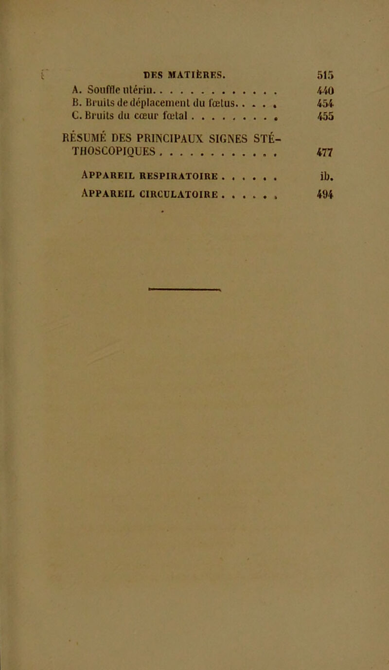 r r DES MATIÈRES. 5ir> A. Souffle utérin 440 B. Bruits de déplacement (lu fœtus.. . . . 454 C. Bruits du cœur fœtal 455 RÉSUMÉ DES PRINCIPAUX SIGNES STÉ- THOSCOPIQUES 477 Appareil respiratoire ib. Appareil circulatoire 494