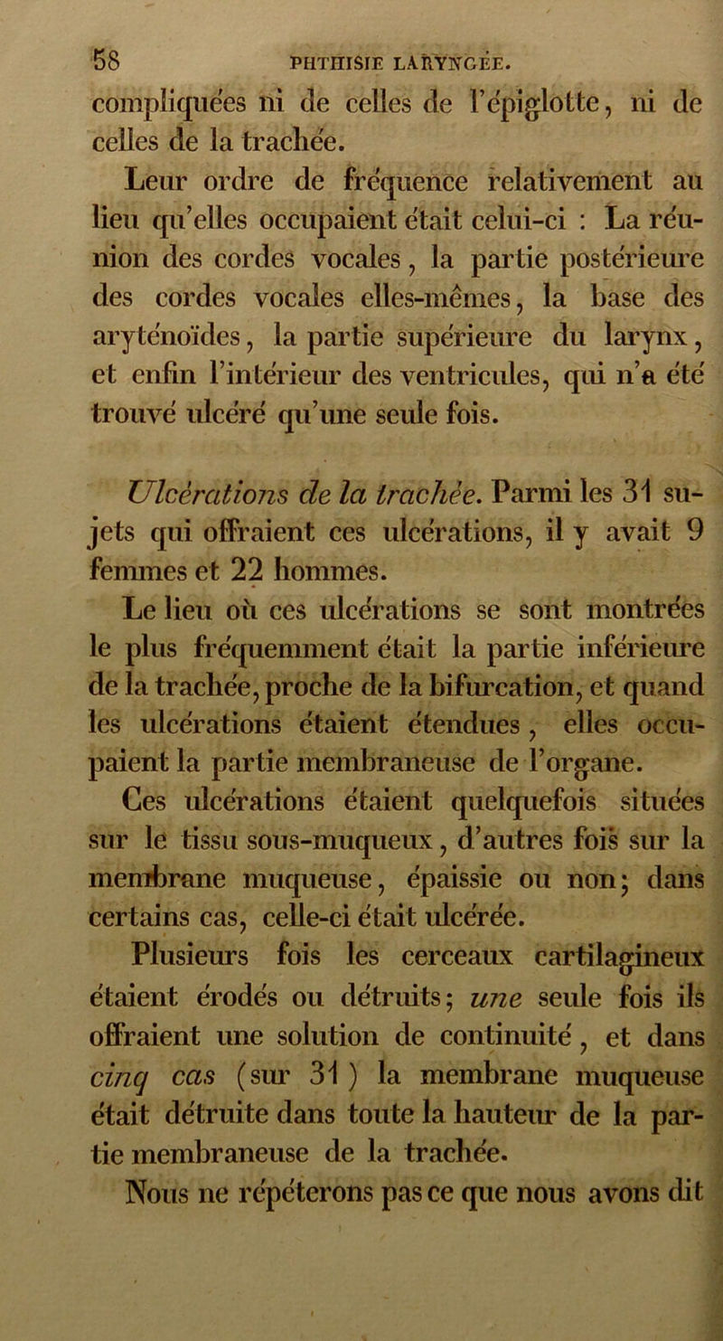 compliquées ni de celles de F épiglotte, ni de celles de la trachée. Leur ordre de fréquence relativement au lieu qu’elles occupaient était celui-ci : La réu- nion des cordes vocales, la partie postérieure des cordes vocales elles-mêmes, la base des aryténoïdes, la partie supérieure du larynx , et enfin l’intérieur des ventricules, qui n’a été trouvé ulcéré qu’une seule fois. Ulcérations de la trachée. Parmi les 31 su- jets qui offraient ces ulcérations, il y avait 9 femmes et 22 hommes. Le lieu où ces ulcérations se sont montrées le plus fréquemment était la partie inférieure de la trachée, proche de la bifurcation, et quand les ulcérations étaient étendues , elles occu- paient la partie membraneuse de l’organe. Ces ulcérations étaient quelquefois situées sur le tissu sous-muqueux, d’autres fois sur la membrane muqueuse, épaissie ou non; dans certains cas, celle-ci était ulcérée. Plusieurs fois les cerceaux cartilagineux étaient érodés ou détruits; une seule fois ils offraient une solution de continuité, et dans cinq cas (sur 31 ) la membrane muqueuse était détruite dans toute la hauteur de la par- tie membraneuse de la trachée. Nous ne répéterons pas ce que nous avons dit