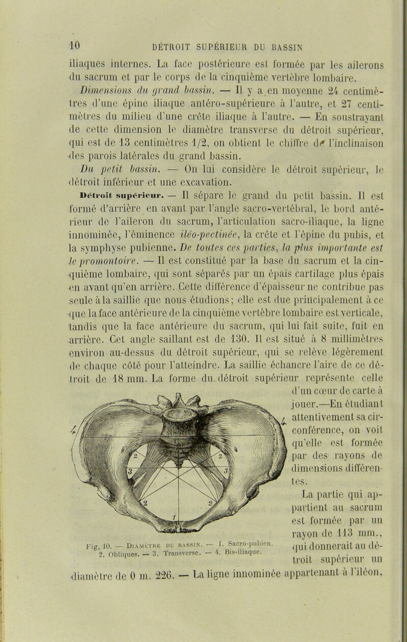 iliaques internes. La face postérieure est formée par les ailerons du sacrum et par le corps de la cinquième vertèbre lombaire. Dimensions du grand bassin. — Il y a en moyenne 24 centimè- tres d’une épine iliaque antéro-supérieure à l’autre, et 27 centi- mètres du milieu d’une crête iliaque à l’autre. — En soustrayant de cette dimension le diamètre transverse du détroit supérieur, qui est de 13 centimètres 1/2, on obtient le chiffre d<* l’inclinaison des parois latérales du grand bassin. Du petit bassin. — On lui considère le détroit supérieur, le détroit inférieur et une excavation. Détroit supérieur. — Il sépare le grand du petit bassin. Il est formé d’arrière en avant par l’angle sacro-vertébral, le bord anté- rieur de l’aileron du sacrum, l’articulation sacro-iliaque, la ligne innommée, l’éminence iléo-peetmée, la crête et l’épine du pubis, et la symphyse pubienne. De toutes ces parties, la plus importante est le promontoire. — Il est constitué par la base du sacrum et la cin- quième lombaire, qui sont séparés par un épais cartilage plus épais en avant qu’en arrière. Cette différence d’épaisseur ne contribue pas seule à la saillie que nous étudions; elle est due principalement à ce •que la face antérieure de la cinquième vertèbre lombaire esL verticale, tandis que la face antérieure du sacrum, qui lui fait suite, fuit en arrière. Cet angle saillant est de 130. Il est situé à 8 millimètres environ au-dessus du détroit supérieur, qui se relève légèrement de chaque côté pour l’atteindre. La saillie échancre l’aire de ce dé- troit de 18 mm. La forme du détroit supérieur représente celle diamètre de 0 m. 226. — La ligne innommée appartenant à l'iléon. d’un cœur de carte à jouer.—En étudiant attentivement sa cir- conférence, on voit qu’elle est formée par des rayons de dimensions différen- tes. Fig. 10. — Diamètre du bassin. — I. Sacro-pubien. 2. Obliques. — 3. Transverse. — /i. Bis-iliaque. La partie qui ap- partient au sacrum est formée par un rayon de 113 mm., qui donnerait au dé- troit supérieur un