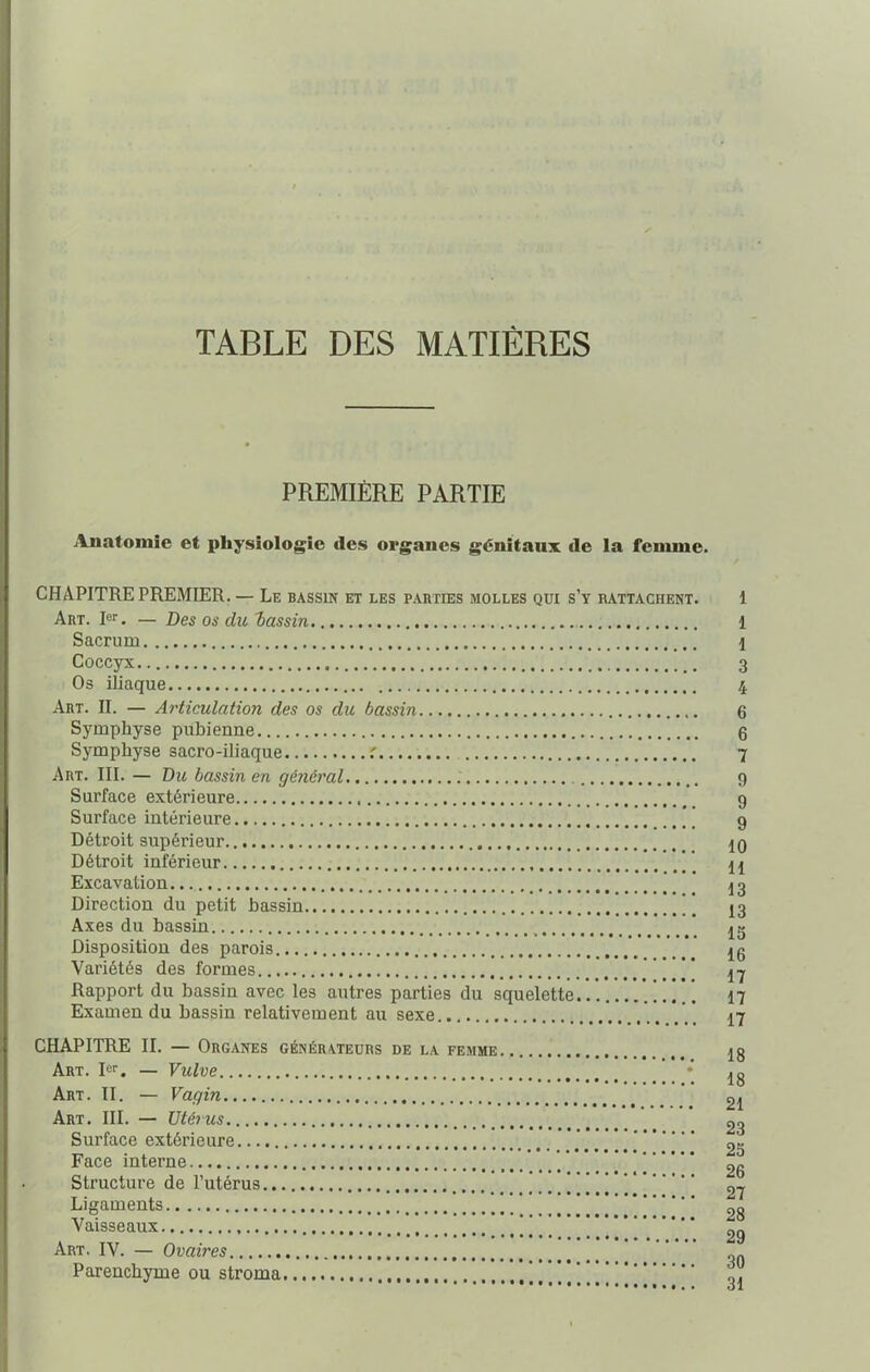 TABLE DES MATIÈRES PREMIÈRE PARTIE Anatomie et physiologie des organes génitaux de la femme. CHAPITRE PREMIER. — Le bassin et les parties molles qui s’y rattachent. Art. Ier. — Des os du bassin Sacrum Coccyx Os iliaque Art. II. — Articulation des os du bassin Symphyse pubienne Symphyse sacro-iliaque f Art. III. — Du bassin en général Surface extérieure Surface intérieure Détroit supérieur Détroit inférieur Excavation ] Direction du petit bassin ' Axes du bassin Disposition des parois Variétés des formes ’ Rapport du bassin avec les autres parties du squelette Examen du bassin relativement au sexe CHAPITRE II. — Organes générateurs de la femme Art. Ier. — Vulve Art. II. — Vagin Art. III. — Utérus Surface extérieure Face interne ’/ Structure de l’utérus ] Ligaments Vaisseaux Art. IV. — Ovaires Parenchyme ou stroma 1 1 1 3 4 6 6 7 9 9 9 10 11 13 13 15 16 17 17 17 18 18 21 23 25 26 27 28 29 30 31