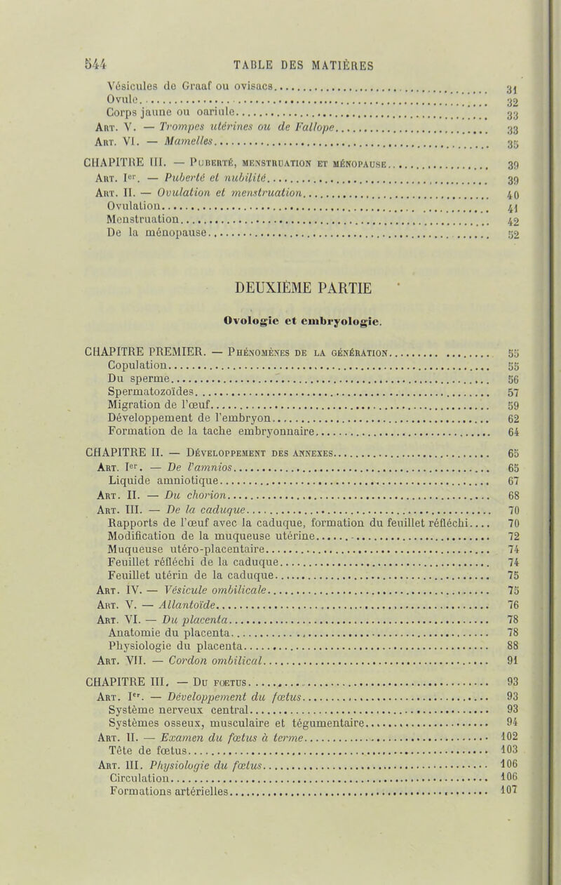 Vésicules de Graaf ou ovisacs 3j Ovule 32 Corps jaune ou oariule ' ^ 33 Art. V. — Trompes utérines ou de Fallope 33 Art. VI. — Mamelles 35 CHAPITRE III. — Puberté, menstruation et ménopause 30 Art. Ior. — Puberté et nubilité 39 Art. II. — Ovulation et menstruation 40 Ovulation ik\ Menstruation 42 De la ménopause 32 DEUXIÈME PARTIE Ovologie et embryologie. CHAPITRE PREMIER. — Phénomènes de la génération 33 Copulation 35 Du sperme 56 Spermatozoïdes 57 Migration de l’œuf 59 Développement de l’embryon 62 Formation de la tache embryonnaire 64 CHAPITRE II. — Développement des annexes 60 Art. Ier. — De l’amnios 65 Liquide amniotique 67 Art. II. — Du chorion 68 Art. III. — De la caduque 70 Rapports de l’œuf avec la caduque, formation du feuillet réfléchi.... 70 Modification de la muqueuse utérine 72 Muqueuse utéro-placentaire 74 Feuillet réfléchi de la caduque 74 Feuillet utérin de la caduque 75 Art. IV. — Vésicule ombilicale 75 Art. V. — Allantoïde 76 Art. VI. — Du placenta 78 Anatomie du placenta 78 Physiologie du placenta 88 Art. VII. — Cordon ombilical 91 CHAPITRE III. — Du foetus 93 Art. Ier. — Développement du fœtus 93 Système nerveux central 93 Systèmes osseux, musculaire et tégumentaire 94 Art. II. — Examen du fœtus à terme 102 Tête de fœtus 103 Art. III. Physiologie du fœtus 106 Circulation 106 Formations artérielles 107