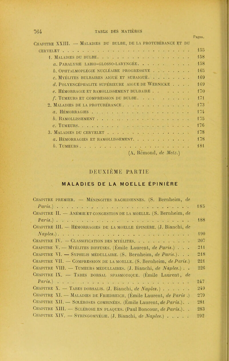 Pages. Chapitre XXIII. — Maladies du bulbe, de la protuberance et du CERVELET 155 1. Maladies du bulbe 158 a. Paralysie labio-glosso-laryngee 158 b. Opiitalmoplegie nucleaire progressive 165 c. Myelites bulbaires aigue ET SUBAIGUE 169 (1. POLYENCEPIIALITE SUPERIEURE AIGUE DE WERNICKE .... 169 e. IIemorragie et ramollissement bulbaire 170 /’. Tumeurs et compression du bulbe 171 2. Maladies de la protuberance 173 a. Hemorragies 174 b. Ramollissement 175 c. Tumeurs 176 3. Maladies du cervelet 178 a. Hemorragies et ramollissement 178 b. Tumeurs 181 (A. Remond, de Melz.) DEUXIEME PARTIE MALADIES DE LA MOELLE EPINIERE Ciiapitre premier. — Meningites rachidiennes. (S. Bernheim, de Paris.) 185 Chapitre II. — Anemie et congestion de la moelle. (S. Bernheim, de Paris.) 188 Chapitre III. — Hemorragies de la moelle epiniere. (J. Bianchi, de Naples.) 190 Chapitre IV. — Classification des myelites 207 Chapitre Y. — Myelites diffuses. (Emile Laurent, de Paris.) ... 211 Chapitre VI. — Syphilis medullaire. (S. Bernheim, de Paris.). . . 218 Chapitre VII. — Compression de la moelle. (S. Bernheim, de Paris.) 221 Chapitre VIII. — Tumeurs medullaires. (J. Bianchi, de Naples.) . . 226 Chapitre IX. — Tabes dorsal spasmodique. (Emile Laurent, de Paris.) 247 Chapitre X. — Tabes dorsalis. (J. Bianchi, de Naples.) 249 Chapitre XL — Maladies de Friedreich. (Emile Laurent, de Paris .) 279 Chapitre XII.— Scleroses combinees. (Emile Laurent, de Paris.). . 281 Chapitre XIII. — Sclerose en plaques. (Paul Boncour, de Paris.). . 283 Chapitre XIV. — Syringomyelie. (J. Bianchi, de Naples.) 292