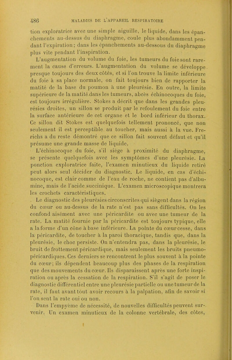 tion exploralrice avec une simple aiguille, le liquide, dans les epan- chements au-dessus du diaphragme, coule plus abondammenL pen- dant l’expiraiion; dans les epanchements au-dessous du diaphragme plus vite pendant l’inspiration. L’augmentation du volume du foie, les Lumeurs du foiesont rare- ment la cause d’erreurs. L’augmentation du volume se developpe. presque toujours des deux cotes, et si l’on trouve la limite inferieure du foie a sa place normale, on fait toujours bien de rapporter la matite de la base du poumon a une pleuresie. En outre, la limite superieure de la matite dans les tumeurs, abces echinocoques du foie, est toujours irreguliere. Stokes a decrit que dans les grandes pleu- resies droites, un sillon se produit par le refoulement du foie entre la surface anterieure de cet organe et le bord inferieur du thorax. Ce sillon dit Stokes est quelquefois tellement prononce, que non seulement il est perceptible au toucher, mais aussi a la vue. Fre- richs a du reste demontre que ce sillon fait souvent defaut et qu’il presume une grande masse de liquide. L’echinocoque du foie, s’il siege a proximite du diaphragme, se presente quelquefois avec les symptomes d’une pleuresie. La ponction exploratrice faite, Fexamen minutieux du liquide retire peut alors seul decider du diagnostic. Le liquide, en cas d’echi- nocoque, est clair comme de l’eau de roche, ne contient pas d’albu- mine, mais de l’acide succinique. L’examen microscopique montrera les crochets caracteristiques. Le diagnostic des pleuresiescirconscrites qui siegent dans la region du coeur ou au-dessus de la rate n’est pas sans difficultes. On les confond aisement avec une pericardite ou avec une tumeur de la rate. La matite fournie par la pericardite est toujours tvpique, elle a laforme d’un cone abase inferieure. La pointe du coeurcesse, dans la pericardite, de toucher a la paroi thoracique, tandis que, dans la pleuresie, le choc persiste. On n’entendra pas, dans la pleuresie, le bruit de frottement pericardique, mais seulement les bruits pneumo- pericardiques. Ces derniers se rencontrent le plus souvent a la pointe du coeur; ils dependent beaucoup plus des phases de la respiration que des mouvements du coeur. Ils disparaissent apres une forte inspi- ration ou apres la cessation de la respiration. S’il s’agil de poser le diagnostic differentiel entre une pleuresie particllc ou une tumeur de la rate, il faut avant tout avoir recours a la palpation, afin de savoir si Ton sent la rate oui ou non. Dans l’empyeme de neccssite, de nouvelles difficulty peuvent sur- venir. Un examen minutieux de la colonne vertebrale, des cotes,