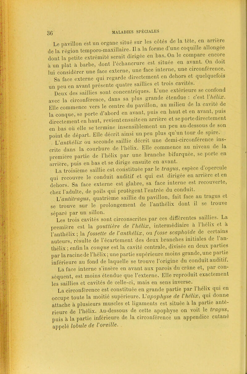 3G Le pavilion est un organe situe sur les cotes de la tete, en arriere de la region temporo-maxillaire. II a la forme d’une coquille allongee dont la petite extremite serait dirigee en bas. On le compare encore a un plat a barbe, dont l’echancrure est situee en avant. On doit lui considerer une face externe, une face interne, une circonference. Sa face externe qui regarde directement en dehors et quelquefois un peu en avant presente quatre saillies et trois cavites. Deux des saillies sont concentriques. L’une exterieure se confond avec la circonference, dans sa plus grande etendue : c est \ helix. EHe commence vers le centre du pavilion, au milieu de la cavite de la conque, se porte d’abord en avant, puis en haut et en avant, puis directement enhaut, revientensuiteen arriere et se porte directement en bas oil elle se termine insensiblement un peu au-dessous de son point de depart. Elle decrit ainsi un peu plus qu'un tour de spire. Vanthelix ou seconde saillie decrit une demi-circonference ms- erite dans la courbure de l’helix. Elle commence au niveau de la premiere par tie de l’helix par une branche bifurquee, se porte en arriere, puis en bas et se dirige ensuite en avant. La troisieme saillie est constituee par le tragus, espece d’opercule qui recouvre le conduit audilif et qui est dirigee en arriere et en dehors. Sa face externe est glabre, sa face interne est recouverte, chez l’adulte, de poils qui protegent l’entree du conduit. L'antitragus, quatrieme saillie du pavilion, fait face au tragus et se trouve sur le prolongement de l’anthelix dont il se trouve separe par un sillon. Les trois cavites sont circonscrites par ces differentes saillies. La premiere est la gouttiere de Vhelix, intermediate a 1 helix et a Panthelix; la fossetle de Vanthelix, ou fosse scapho'ide de certains auteurs, resulte de l’ecartement des deux branches initiates de 1 an- thelix ; enfin la conque est la cavite centrale, divisee en deux parties par la racinede l’helix; une partie superieure moins grande, une partie inferieure au fond de laquelle se trouve l’origine du conduit auditif. La face interne s’insere en avant aux parois du crane et, par con- sequent, est moins etendue que l’externe. Elle reproduit exactement les saillies et cavites de celle-ci, mais en sens inverse. La circonference est constituee en grande partie par l’helix qui en occupe toute la moitie superieure. Vapophgse de Vhelix, qui donne attache a plusieurs muscles et ligaments est situee a la partie ante- rieure de 1’helix. Au-dessous de cette apophyse on voit le tragus, puis a la partie inferieure de la circonference un appendice cutane appele lobule de l oreille.