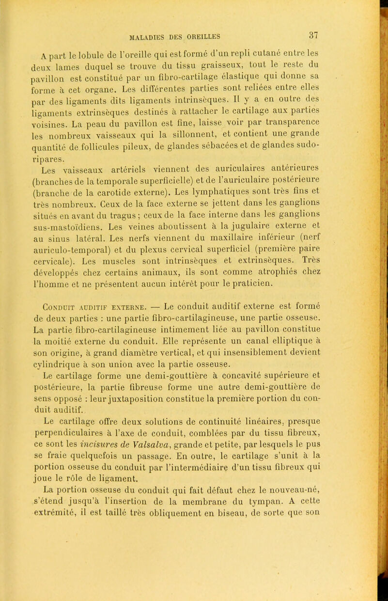 A part le lobule de l’oreille qui est forme d’un repli cutane entre les deux lames duquel se trouve du tissu graisseux, tout le reste du pavilion est constitue par un fibro-cartilage elastique qui donne sa forme a cet organe. Les differentes parlies sont reliees entre elles par des ligaments dits ligaments intrinseques. II y a en ouLre des ligaments extrinseques destines a rattacher le cartilage aux parties voisines. La peau du pavilion est fine, laisse voir par transparence les nombreux vaisseaux qui la sillonnent, et contient une grande quantite de follicules pileux, de glandes sebacees et de glandes sudo- ripares. Les vaisseaux arteriels viennent des auriculaires anterieures (branches de la temporale superficielle) et de l’auriculaire posterieure (branche de la carotide externe). Les lymphatiques sont tres fins et tres nombreux. Ceux de la face externe se jettent dans les ganglions situes en avant du tragus; ceuxde la face interne dans les ganglions sus-mastoi’diens. Les veines aboutissent a la jugulaire externe et au sinus lateral. Les nerfs viennent du maxillaire inferieur (nerf auriculo-temporal) et du plexus cervical superficiel (premiere paire cervicale). Les muscles sont intrinseques et extrinseques. Tres developpes chez certains animaux, ils sont comme atrophies chez l’homme et ne presentent aucun interet pour le praticien. Conduit auditif externe. — Le conduit auditif externe est forme de deux parties : une partie fibro-cartilagineuse, une partie osseuse. La partie fibro-cartilagineuse intimement liee au pavilion constitue la moitie externe du conduit. Elle represente un canal elliptique a son origine, a grand diametre vertical, et qui insensiblement devient cylindrique a son union avec la partie osseuse. Le cartilage forme une demi-gouttiere a concavite superieure et posterieure, la partie fibreuse forme une autre demi-gouttiere de sens oppose : leur juxtaposition constitue la premiere portion du con- duit auditif. Le cartilage offre deux solutions de continuite lineaires, presque perpendiculaires a l’axe de conduit, comblees par du tissu fibreux, ce sont les incisures de Valsalva, grande et petite, par lesquels le pus se fraie quelqucfois un passage. En outre, le cartilage s’unit cl la portion osseuse du conduit par l’intermediaire d’un tissu fibreux qui joue le role de ligament. La portion osseuse du conduit qui fait defaut chez le nouveau-ne, s’etend jusqu’a l’insertion de la membrane du tympan. A cette extremite, il est taille tres obliquement en biseau, de sorte que son