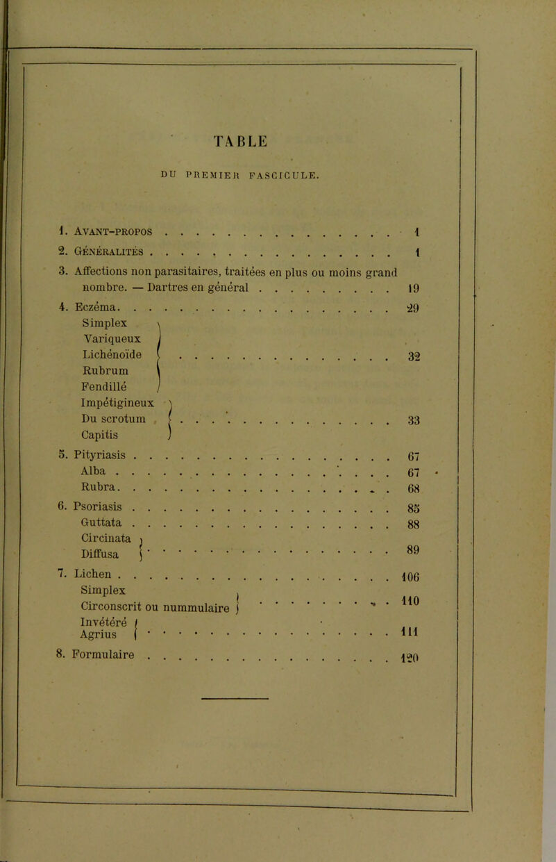 TABLE DU PREMIER FASCICULE. Avant-propos 1 2. Généralités 1 3. Affections non parasitaires, traitées en plus ou moins grand nombre. — Dartres en général 19 4. Eczéma 29 Simplex \ Variqueux j Lichénoïde ( 32 Rubrum \ Fendillé / Impétigineux \ Du scrotum [ . . . 33 Capitis ) 5. Pityriasis 67 Alba 67 Rubra . 63 6. Psoriasis 85 Guttata 88 Circinata ^ Diffusa j 7. Lichen 406 Simplex I i in Circonscrit ou nummulaire j * Invétéré I Agrius ( m 8. Formulaire 420