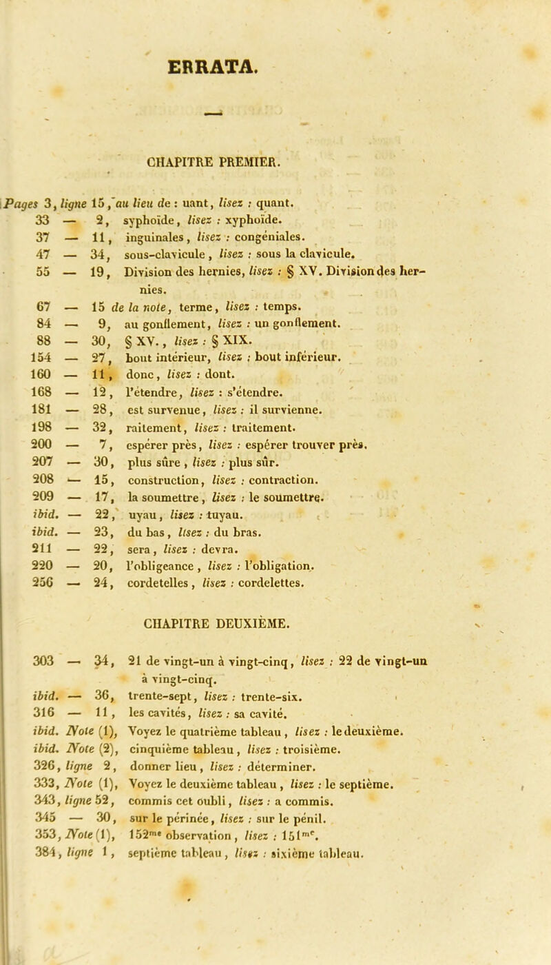 ERRATA. CHAPITRE PREMIER. es 3, ligne 15 ,'au lieu de : uant, lisez ; quant. 33 2, syphoïde, lisez : xyphoïde. 37 H, inguinales, lisez : congéniales. 47 _ 34, sous-clavicule , lisez : sous la clavicule. 55 19, Division des hernies, lisez : % XV. Division nies. 67 _ 15 de la note, terme, lisez : temps. 84 9, au gonflement, lisez : un gonflement. 88 30, § XV., Uses : § XIX. 154 _ 27, bout intérieur, lisez ; bout inférieur. 160 H, donc, lisez : dont. 168 12, l'étendre, lisez : s'étendre. 181 28, est survenue, lisez ; il survienne. 198 32, raitement, lisez : traitement. 200 7, espérer près, lisez : espérer trouver près. 207 30, plus sûre , lisez ; plus sûr. 208 15, construction, lisez : contraction. 209 17. la soumettre , lisez : le soumettre. ibid. 22, uyau, lisez : tuyau. ibid. 23, du bas, lisez : du bras. 211 22 sera , lisez ; devra. 220 20,' l'obligeance , lisez : l'obligation. 25G 24, cordetelles, lisez : cordelettes. CHAPITRE DEUXIÈME. 303 — 34 , 21 de vingt-un à vingt-cinq, lisez : 22 de vingt-un à vingt-cinq. ibid. — 36, trente-sept, lisez : trente-six. 316 — 11, les cavités, lisez : sa cavité. ibid. IVote (1), Voyez le quatrième tableau , lisez : le deuxième. ibid. IVote (2), cinquième tableau , lisez ; troisième. 326, ligne 2, donner lieu, lisez: déterminer. 333, IVote (1), Voyez le deuxième tableau , lisez : le septième. 343, ligne 52, commis cet oubli, lisez : a commis. 345 — 30, sur le périnée, lisez : sur le pénil. 353, IVote (\), 152m« observation , lisez ; l5lmC. 384, ligne 1, septième tableau, listz : sixième tableau.