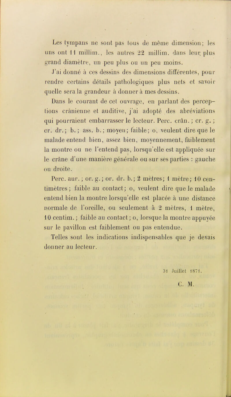 Les lympans ne sont pas fous de même dimension; les uns ont 11 millim., les autres 22 millim. dans leur, plus grand diamètre, un peu plus ou un peu moins. J'ai donné à ces dessins des dimensions différentes, pour rendre certains détails pathologiques plus nets et savoir quelle sera la grandeur à donner à mes dessins. Dans le courant de cet ouvrage, en parlant des percep- tions crânienne et auditive, j'ai adopté des abréviations qui pourraient embarrasser le lecteur. Perc. crân. ; cr. g. ; cr. dr.; b. ; ass. b.; moyeu; faible; o, veulent dire que le malade entend bien, assez bien, moyennement, faiblement la montre ou ne l'entend pas, lorsqu'elle est appliquée sur le crâne d'une manière générale ou sur ses parties : gauche ou droite. Perc. aur. ; or. g.; or. dr. b.; 2 mètres; 1 mètre; 10 cen- timètres; faible au contact; o, veulent dire que le malade entend bien la montre lorsqu'elle est placée à une distance normale de l'oreille, ou seulement à 2 mètres, 1 mètre, 10 centim. ; faible au contact ; o, lorsque la montre appuyée sur le pavillon est faiblement ou pas entendue. Telles sont les indications indispensables que je devais donner au lecteur. 3) Juillet 1871. C. M.