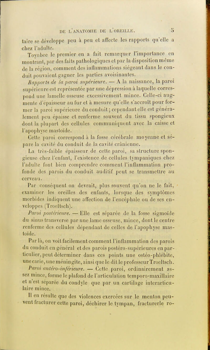 taire se développe peu à peu et affecte les rapports qu'elle a chez l'adulte. Toynbee le premier en a fait remarquer l'importance en montrant, par des faits pathologiques et par la disposition même de la région, comment des inflammations siégeant dans le con- duit pouvaient gagner les parties avoisinantes. Rapports de la paroi supérieure. — A la naissance, la paroi supérieure est représentée par une dépression à laquelle corres- pond une lamelle osseuse excessivement mince. Celle-ci aug- mente d'épaisseur au fur et à mesure qu'elle s'accroît pour for- mer la paroi supérieure du conduit ; cependant elle est généra- lement peu épaisse et renferme souvent du tissu spongieux dont la plupart des cellules communiquent avec la caisse et {'apophyse masloïde. Cette paroi correspond à la fosse cérébrale moyenne et sé- pare la cavité du conduit de la cavité crânienne. La très-faible épaisseur de cette paroi, sa structure spon- gieuse chez l'enfant, l'existence de cellules tympaniques chez l'adulte font bien comprendre comment l'inflammation pro- fonde des parois du conduit auditif peut se transmettre au cervea u. Par conséquent on devrait, plus souvent qu'on ne le fait, examiner les oreilles des enfants, lorsque des symptômes morbides indiquent une affection de l'encéphale ou de ses en- veloppes (Troeltsch). Paroi postérieure. — Elle est séparée de la fosse sigmoïde du sinus transverse par une lame osseuse, mince, dont le centre renferme des cellules dépendant de celles de l'apophyse mas- toïde. Par là, on voit facilement comment l'inflammation des parois du conduit en général et des parois postéro-supérieures en par- ticulier, peut déterminer dans ces points une ostéo-phlébite, une carie, une méningite, ainsi que le dit le professeur Troeltsch. Paroi antéro-inférieure. — Cette paroi, ordinairement as- sez mince, forme le plafond de l'articulation temporo-maxillaire et n est séparée du condyle que par un cartilage interarticu- laire mince. 11 en résulte que des violences exercées sur le menton peu- vent fracturer cette paroi, déchirer le tympan, fracturerle ro-