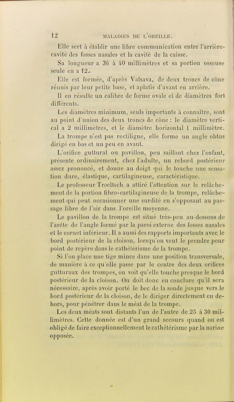 Elle sert à établir une libre communication entre l'arrière- cavité des fosses nasales et la cavité de la caisse. Sa longueur a 36 à 40 millimètres et sa portion osseuse seule en a 12, Elle est formée, d'après Valsava, de deux troncs de cône réunis par leur petite base, et aplatis d'avant en arrière. 11 en résulte un calibre de forme ovale et de diamètres fort différents. Les diamètres minimum, seuls importants à connaître, sont au point d'union des deux troncs de cône : le diamètre verti- cal a 2 millimètres, et le diamètre borizontal 1 millimètre. La trompe n'est pas rectiligne, elle forme un angle obtus dirigé en bas et un peu en avant. L'orifice guttural ou pavillon, peu saillant chez l'enfant, présente ordinairement, chez l'adulte, un rebord postérieur assez prononcé, et donne au doigt qui le touche une sensa- tion dure, élastique, cartilagineuse, caractéristique. Le professeur Troeltsch a attiré l'attention sur Je relâche- ment de la portion fibro-cartilagineuse de la trompe, relâche- ment qui peut occasionner une surdité en s'opposant au pas- sage libre de l'air dans l'oreille moyenne. Le pavillon de la trompe est situé très-peu au-dessous de l'arête de l'angle formé par la paroi externe des fosses nasales et le cornet inférieur. 11 a aussi des rapports importants avec le bord postérieur de la cloison, lorsqu'on veut le prendre pour point de repère dans le cathétérisme de la trompe. Si l'on place une tige mince dans une position transversale, de manière à ce qu'elle passe par le centre des deux orifices gutturaux des trompes, on voit qu'elle touche presque le bord postérieur de la cloison. On doit donc en conclure qu'il sera nécessaire, après avoir porté le bec de la sonde jusque vers le bord postérieur de la cloison, de le diriger directement en de- hors, pour pénétrer dans le méat de la trompe. Les deux méats sont distants l'un de l'autre de 2o à 30 mil- limètres. Cette donnée est d'un grand secours quand on est obligé de faire exceptionnellement le cathétérisme par la narine opposée.