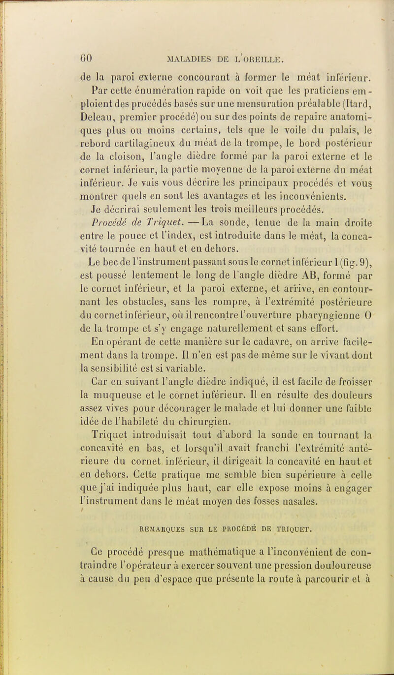 de la paroi externe concourant à former le méat inférieur. Par cette énuméralion rapide on voit que les praticiens em- ploient des procédés basés sur une mensuration préalable (Itard, Deleau, premier procédé) ou sur des points de repaire anatomi- ques plus ou moins certains, tels que le voile du palais, le rebord cartilagineux du méat de la trompe, le bord postérieur de la cloison, l'angle dièdre formé par la paroi externe et le cornet inférieur, la partie moyenne de la paroi externe du méat inférieur. Je vais vous décrire les principaux procédés et vous montrer quels en sont les avantages et les inconvénients. Je décrirai seulement les trois meilleurs procédés. Procédé de Triquet. —La sonde, tenue de la main droite entre le pouce et l'index, est introduite dans le méat, la conca- vité tournée en haut et en dehors. Le bec de l'instrument passant sous le cornet inférieur 1 (fig. 9), est poussé lentement le long de l'angle dièdre AB, formé par le cornet inférieur, et la paroi externe, et arrive, en contour- nant les obstacles, sans les rompre, à l'extrémité postérieure du cornet inférieur, où il rencontre l'ouverture pharyngienne 0 de la trompe et s'y engage naturellement et sans effort. En opérant de cette manière sur le cadavre, on arrive facile- ment dans la trompe. Il n'en est pas de même sur le vivant dont la sensibilité est si variable. Car en suivant l'angle dièdre indiqué, il est facile de froisser la muqueuse et le cornet itiférieur. Il en résulte des douleurs assez vives pour décourager le malade et lui donner une faible idée de l'habileté du chirurgien. Triquet introduisait tout d'abord la sonde en tournant la concavité en bas, et lorsqu'il avait franchi l'extrémité anté- rieure du cornet inférieur, il dirigeait la concavité eu haut et en dehors. Cette pratique me semble bien supérieure à celle que j'ai indiquée plus haut, car elle expose moins à engager l'instrument dans le méat moyen des fosses nasales. REMARQUES SUR LE PUOCÉDÉ DE TRIQUET. Ce procédé presque mathématique a l'inconvénient de con- traindre l'opérateur à exercer souvent une pression douloureuse à cause du peu d'espace que présente la route à parcourir et à