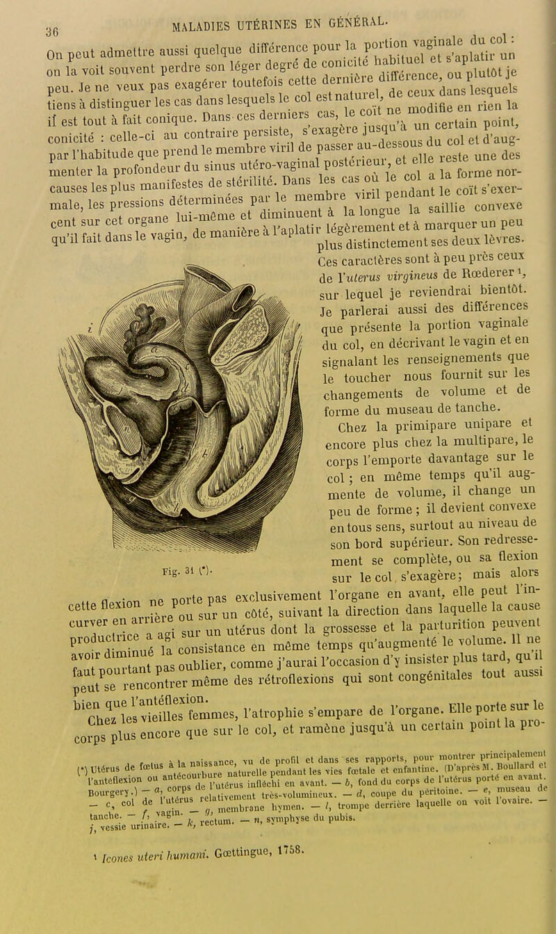 On peut admettre aussi quelque différence pour la P--^;°;j^\j!; ,^11^^ on la voit souvent perdre son léger degré de ^-^^^^^^^^^ l^J^,,^, peu. Je ne veux pas exagérer toutefois cette ^^^f ;;.*^f^^^;;;;'d,'^/lesquels Lns à distinguer les cas dans lesquels le col est na ur el de c ux d ns 1 ^ q^ il est tout à fait conique. Dans-ces dern.ers point, conicité : celle-ci au contraire persiste s exagère jusqu a ^^^^^ par l'habitude que prend le membre vinl de P^^^^^^^-^'^f ^^'^ ,este une des menter la profondeur du sinus utéro-vagmal posteuem et elle es Suses les plus manifestes de stérilité Dans les cas ou e co la o me^n maie, les pressions déterminées par le -^^^^J^, T^rt tm^ cent sur cet organe lui-môme et d—^^^ r- iTet à marquer un peu qu'il fait dans le vagm, de mamére à 1 ^P^^^'^^l^f^^^^^^^^^, ,es deux lèvres. Ces caractères sont à peu près ceux de l'uterus virgineus de Rœderer S sur lequel je reviendrai bientôt. Je parlerai aussi des différences que présente la portion vaginale du col, en décrivant le vagin et en signalant les renseignements que le toucher nous fournit sur les changements de volume et de forme du museau de tanche. Chez la primipare unipare et encore plus chez la multipare, le corps l'emporte davantage sur le col ; en même temps qu'il aug- mente de volume, il change un peu de forme ; il devient convexe en tous sens, surtout au niveau de son bord supérieur. Son redresse- ment se complète, ou sa flexion sur le col s'exagère; mais alors fl -nn T1P norte pas exclusivement l'organe en avant, elle peut l'in- feTarri^re'ou sur un côté, suivant la direction dans laquelle la cause '''THHce a asi sur un utérus dont la grossesse et la parturition peuvent ''t^d m nué la consistance en môme temps qu'augmenté le volume 11 ne r .o^^ ant pas oublier, comme j'aurai l'occasion d'y insister plus tard, qu U pTutCrenc^^^^^^^ des rétioflexions qui sont congénitales tout aussi 'c^eTLlv^meÏrmme^ l'atrophie s'empare de l'organe. Elle porte sur le corps plus encore que sur le col, et ramène jusqu'à un certain pomtla pio- , r ■ i In naissance de profil et dans ses rapports, pour montrer P°^ipalcn-.c,U (.) Utérus de f°='\^^.^;Xrr.turelle pendant les.ies fœtalc'et enfantine (D'après M Boullard. l'antûnexion ou ''f^^;'3 ^..aAi en avant. - 6, fond du corps de l'utérus porté en a.ant Bourgerï.)-a,covp^/« très-vohunineux. - d, coupe du péritoine. - e .nuseau de - c, col de ^--f _ trompe derrière laquelle on voit 1 ovaire. - rvfs^ie'urinai^ê' - k, rectum. - «, symphyse du pubis. 1 Icônes uteri humani. Gœttingue, 1758. Fig. 31 r).