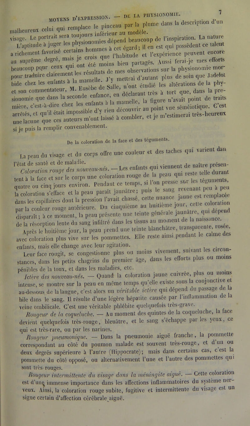 MOYENS D'EXPRESSION. - »E EN PHYSIONOMIE. 1 malheureux celui qui remplace le pinceau par ,a plume dans ,a Hescipuon * »„ visage. Le périrait sera toujours mfei™ “°(lcoup (lo l'inspiration. La nalure L'aptitude à juger les p iisioik » j. p cn cst qui possèdent ce talent a richement favorisé certains homi - » ’ r 6riencc peuvent encore au suprême Aussi ferai-je mes efforts beaucoup pour ceuv q tg ^ ^ observations sur la physionomie mor pour traduire clairement le. ^ ‘ mettrai d’autant plus de soin que Jadelot bide chez les enfants a la man . Ï , alléralions de la phy- et son commentateur, M. Eusebe de Salle, n ont . ^ que> dans la pre- sionoinie que dans la seconde enfance, , u point de traits mière, c’est-,-dire chez les enfants a la — séJioliquc. ^ ‘ïie « m'on.Lsé » combler, et je m'estimerai «s-heureux si je puis la remplir convenablement. De la coloration de la face et des téguments. La peau du visage e, du corps offre une couleur et des lâches qui varient dan »—és. - Les enfants qui viennent de lent à la face et sur le corps une coloration ronge de la peau qu, reste telle durant ou ctoa hors enviL. Pendant ce temps, si l'on presse sur les téguments, la coloration s’efface et la peau parait jaunâtre ; puis le sang re*“a“‘ “ p'“ dans les capillaires dont la pression l'avait chassé, celte nuance jaune est ' par la couleur rouge antérieure. Du cinquième au huiutn ] . • disparaît; à ce moment, la peau présente une teinte generale auna J»1 “P de a résorption lente du sang infiltré dans les tissus au moment de la naissance. “'Huitième jour, la peau prend une Ici,ne blanchâtre, t. anspn;e.rto rosee avec coloration plus vive sur les pommelles. Elle reste ainsi pendant le calme des enfants, mais elle change avec leur agitation. _ Leur face rougit, se congestionne plus ou moins vivement, sun stances, dans les petits chagrins du premier âge, dans les efforts p us pénibles de la toux, et dans les maladies, etc. Ictère des nouveau-nés. — Quand la coloration jaune cuivrée, p us ou moins intense, se montre sur la peau en même temps qu’elle existe sous la conjonctive e au-dessous de la langue, c’est alors un véritable ictère qui dépend du passage de a bile dans le sang. Il résulte d’une légère hépatite causée par l'inflammation de a veine ombilicale. C’est une véritable phlébite quelquefois très-grave. Rougeur de la coqueluche. — Au moment des quintes de la coqueluche, a ace devient quelquefois très-rouge, bleuâtre, et le sang s'échappe pai les veux, ce qui est très-rare, ou par les narines. Rougeur pneumonique. — Dans la pneumonie aiguë franche, la pommette correspondant au côté du poumon malade est souvent très-rouge, et d un ou deux degrés supérieure à l’autre (Hippocrate); mais dans certains cas, c est la pommette du côté opposé, ou alternativement l’une et l’autre des pommettes qui sont très-rouges. Rougeur intermittente du visage dans la méningite aiguè. Cette coloration est d’unç immense importance dans les affections inflammatoires du système nei- veux. Ainsi, la coloration rouge subite, fugitive et intermittente du visage est un signe certain d’affection cérébrale aiguë.