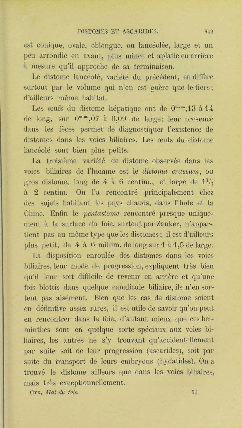 est conique, ovale, oblongue, ou lancéolée, large et un peu arrondie en avant, plus mince et aplatie en arrière à mesure qu’il approche de sa terminaison. Le distome lancéolé, variété du précédent, en diffère surtout par le volume qui n’en est guère que le tiers; d’ailleurs même habitat. Les œufs du distome hépatique ont de 0m m',13 à 14 de’ long, sur 0ram’,07 à 0,09 de large; leur présence dans les fèces permet de diagnostiquer l’existence de distomes dans les voies biliaires. Les œufs du distome lancéolé sont bien plus petits. La troisième variété de distome observée dans les voies biliaires de l’homme est le distoma crassum, ou gros distome, long de 4 à 6 centim., et large de 17° à 2 centim. On l’a rencontré principalement chez des sujets habitant les pays chauds, dans l’Inde et la Chine. Enfin le pentastome rencontré presque unique- ment à la surface du foie, surtout par Zanker, n’appar- tient pas au même type que les distomes ; il est d’ailleurs plus petit, de 4 à 6 millim. de long sur 1 à 1,5 de large. La disposition enroulée des distomes dans les voies biliaires, leur mode de progression, expliquent très bien qu’il leur soit difficile de revenir en arrière et qu’une fois blottis dans quelque canalicule biliaire, ils n’en sor- tent pas aisément. Bien que les cas de distome soient en définitive assez rares, il est utile de savoir qu’on peut en rencontrer dans le foie, d’autant mieux que ces hel- minthes sont en quelque sorte spéciaux aux voies bi- liaires, les autres ne s’y trouvant qu’accidentellement par suite soit de leur progression (ascarides), soit par suite du transport de leurs embryons (hydatides). On a trouvé le distome ailleurs que dans les voies biliaires, mais très exceptionnellement. Gru, Mal du foie. 54