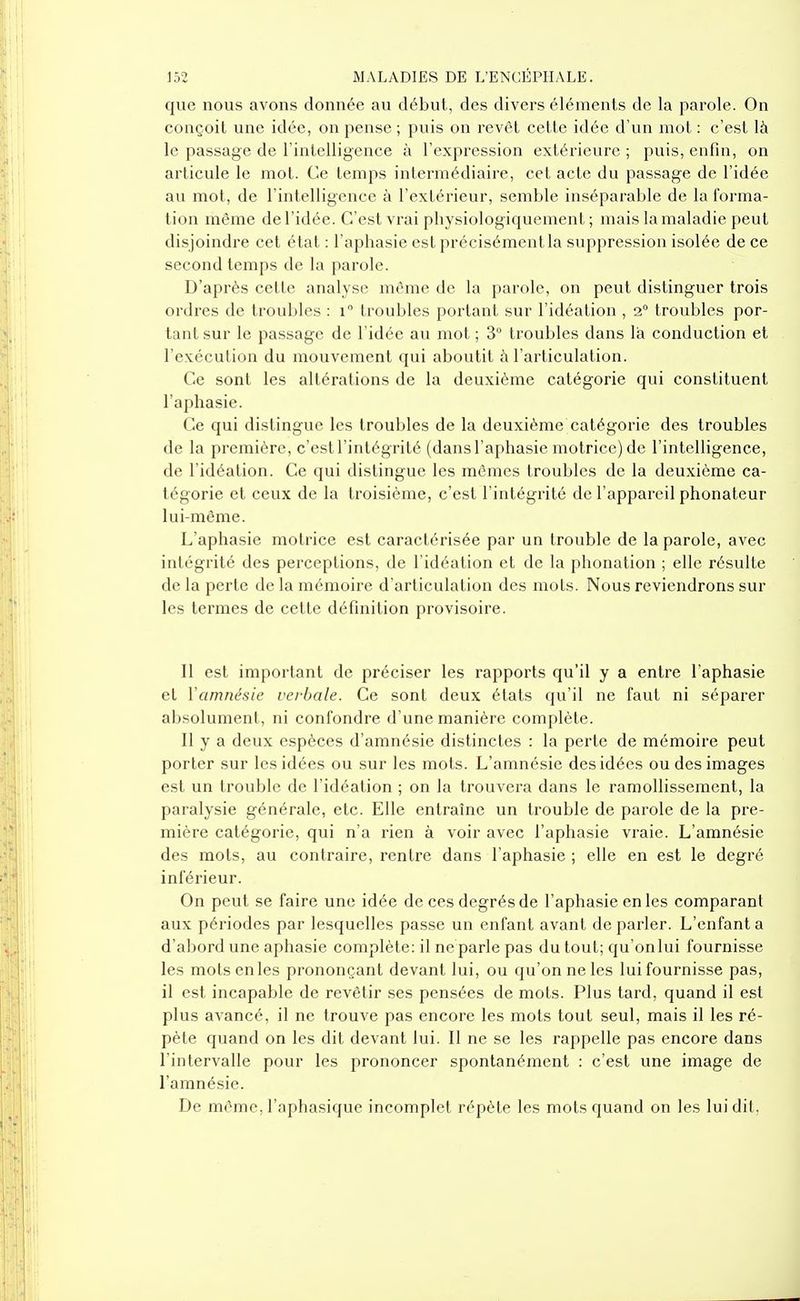 que nous avons donnée au début, des divers éléments de la parole. On conçoit une idée, on pense ; puis on revêt cette idée d'un mot : c'est là le passage de rintelligence à l'expression extérieure ; puis, enfin, on articule le mot. Ce temps intermédiaire, cet acte du passage de l'idée au mot, de l'intelligence à l'extérieur, semble inséparable de la forma- tion même de l'idée. C'est vrai physiologiquement ; mais la maladie peut disjoindre cet état : l'aphasie est précisémentla suppression isolée de ce second temps de la parole. D'après cetle analyse même de la parole, on peut distinguer trois ordres de troubles : i troubles portant sur l'idéation , 2° troubles por- tant sur le passage de l'idée au mot ; 3 troubles dans là conduction et l'exécution du mouvement qui aboutit à l'articulation. Ce sont les altérations de la deuxième catégorie qui constituent l'aphasie. Ce qui distingue les troubles de la deuxième catégorie des troubles de la première, c'est l'intégrité (dans l'aphasie motrice) de l'intelligence, de l'idéation. Ce qui distingue les mêmes troubles de la deuxième ca- tégorie et ceux de la troisième, c'est l'intégrité de l'appareil phonateur lui-même. L'aphasie motrice est caractérisée par un trouble de la parole, avec intégrité des perceptions, de l'idéation et de la phonation ; elle résulte de la perte de la mémoire d'articulation des mots. Nous reviendrons sur les termes de cette définition provisoire. Il est important de préciser les rapports qu'il y a entre l'aphasie et l'amnésie verbale. Ce sont deux états qu'il ne faut ni séparer absolument, ni confondre d'une manière complète. Il y a deux espèces d'amnésie distinctes : la perte de mémoire peut porter sur les idées ou sur les mots. L'amnésie des idées ou des images est un trouble de l'idéation ; on la trouvera dans le ramollissement, la paralysie générale, etc. Elle entraîne un trouble de parole de la pre- mière catégorie, qui n'a rien à voir avec l'aphasie vraie. L'amnésie des mots, au contraire, rentre dans l'aphasie ; elle en est le degré inférieur. On peut se faire une idée de ces degrés de l'aphasie en les comparant aux périodes par lesquelles passe un enfant avant déparier. L'enfanta d'abord une aphasie complète: il ne parle pas du tout; qu'onlui fournisse les mots en les prononçant devant lui, ou qu'on ne les lui fournisse pas, il est incapable de revêtir ses pensées de mots. Plus tard, quand il est plus avancé, il ne trouve pas encore les mots tout seul, mais il les ré- pète quand on les dit devant lui. Il ne se les rappelle pas encore dans l'intervalle pour les prononcer spontanément : c'est une image de l'amnésie. De même, l'aphasique incomplet répète les mots quand on les luidil.