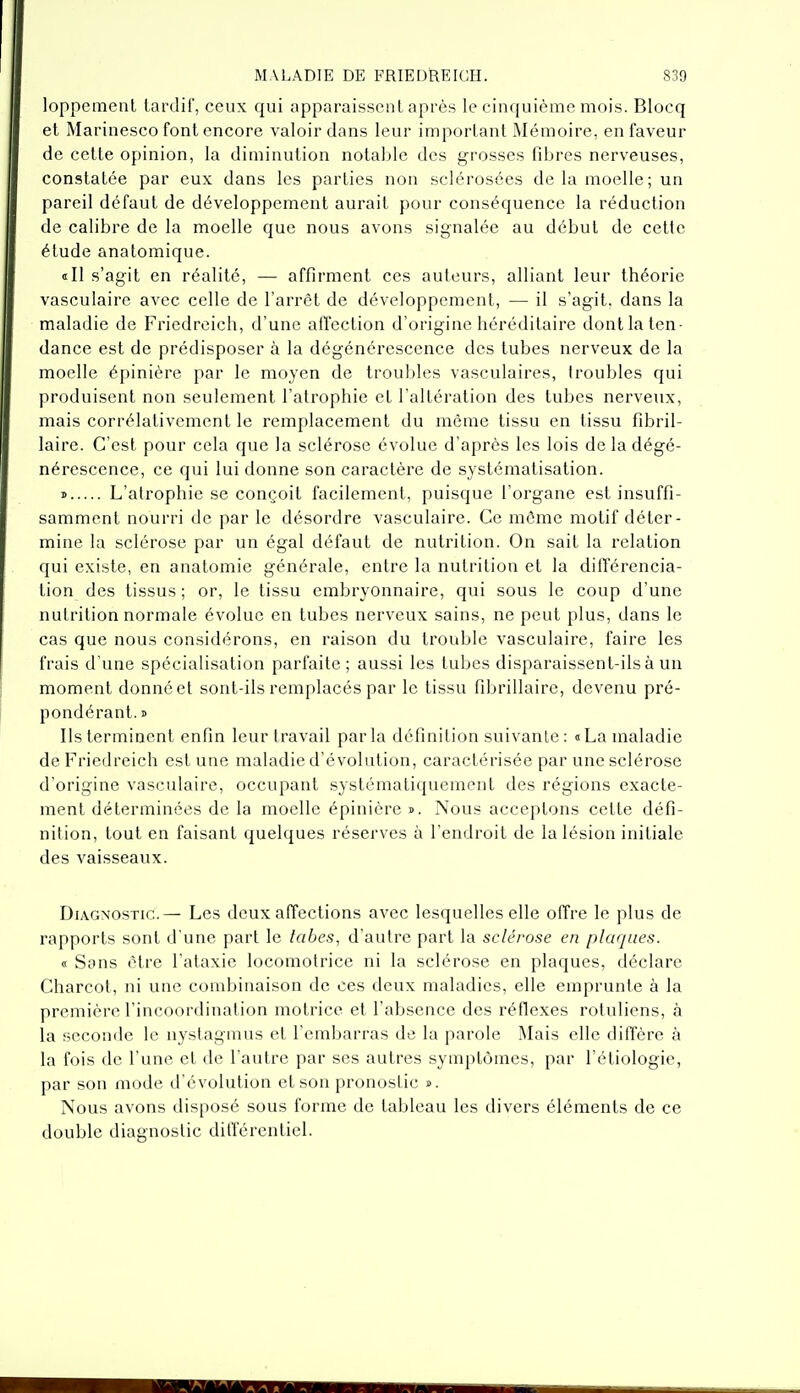 loppement lardif, ceux qui apparaissent après le cinquième mois. Blocq et Marinesco font encore valoir dans leur important Mémoire, en faveur de celte opinion, la diminution notable des grosses fibres nerveuses, constatée par eux dans les parties non sclérosées de la moelle; un pareil défaut de développement aurait pour conséquence la réduction de calibre de la moelle que nous avons signalée au début de cette étude anatomique. ail s'agit en réalité, — affirment ces auteurs, alliant leur théorie vasculairc avec celle de l'arrêt de développement, — il s'agit, dans la maladie de Friedreich, d'une affection d'origine héréditaire dont la ten- dance est de prédisposer à la dégénérescence des tubes nerveux de la moelle épinière par le moyen de troubles vasculaires, troubles qui produisent non seulement l'atrophie et l'altération des tubes nerveux, mais corrélativement le remplacement du même tissu en tissu fibril- laire. C'est pour cela que la sclérose évolue d'après les lois de la dégé- nérescence, ce qui lui donne son caractère de systématisation. » L'alrophie se conçoit facilement, puisque l'organe est insuffi- samment nourri de par le désordre vasculaire. Ce môme motif déter- mine la sclérose par un égal défaut de nutrition. On sait la relation qui existe, en anatomie générale, entre la nutrition et la différencia- tion des tissus; or, le tissu embryonnaire, qui sous le coup d'une nutrition normale évolue en tubes nerveux sains, ne peut plus, dans le cas que nous considérons, en raison du trouble vasculaire, faire les frais d'une spécialisation parfaite; aussi les tubes disparaissent-ils à un moment donné et sont-ils remplacés par le tissu fibrillaire, devenu pré- pondérant. » Ils terminent enfin leur travail parla définition suivanle : «La maladie de Friedreich est une maladie d'évolution, caractérisée par une sclérose d'origine vasculaire, occupant systématiquement des régions exacte- ment déterminées de la moelle épinière ». Nous acceptons cette défi- nition, tout en faisant quelques réserves à l'endroit de la lésion initiale des vaisseaux. Diagnostic.— Les deux affections avec lesquelles elle offre le plus de rapports sont d'une part le tabès, d'autre part la sclérose en plaques. « Sons être l'ataxie locomotrice ni la sclérose en plaques, déclare Charcot, ni une combinaison de ces deux maladies, elle emprunte à la première l'incoordination motrice et l'absence des réfiexes rotuliens, à la seconde le nyslagmus et l'embarras de la parole Mais elle diffère à la fois de l'une et de l'autre par ses autres symptômes, par l'étiologie, par son mode d'évolution et son pronostic ». Nous avons disposé sous forme de tableau les divers éléments de ce double diagnostic différentiel.