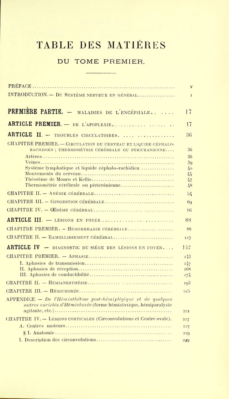 TABLE DES MATIÈRES DU TOME PREMIER, PRÉFACE V INTRODUCTION. — Du Système nerveux ex général i PREMIÈRE PARTIE. - maladies de l'encéphale 17 ARTICLE PREMIER — de l'apoplexie 17 ARTICLE II. — TROUBLES circulatoires 36 CHAPITRE PREMIER. —Circulation du cerveau et liquide céphalo- rachidien ; THERMOMÉTRIE CÉRÉBRALE OU PÉRICRANIENNE 3G Artères 36 Veines Système lymiihalique et liquide céphalo-rachidien f,o Mouvements du cerveau 44 Théorème de Monro et Kellie 47 Thermomélrie cérébrale ou péricrànienne 48 CHAPITRE II. — Anémie CÉRÉBRALE 54 CHAPITRE III. — Congestion CÉRÉBRALE Gg CHAPITRE IV. — OEDÈME cérébral 86 ARTICLE III. — LÉSIONS en foyer 88 CHAPITRE PREMIER. - Hémorrhagie cérébrale 88 CHAPITRE II. — Ramollissement cérébral 117 ARTICLE IV — diagnostic du siège des lésions en foyer. ... 1 i'2 CHAPITRE PREMIER. — Aphasie if,3 I. Aphasies de transmission lîjy II. Aphasies de réception 168 III. Aphasies de conductibilité J74 CHAPITRE II. — HÉMIANESTHÉSIE 193 CHAPITRE III. — HÉMICHORÉE 2l5 APPENDICE. — De l'Hémiathétose post-hémiplégique et de quelques autres variétés d'Hémicho7~ée (iormc hémialaxique, hémiparalysie agitante, etc.) 221 CH.APITRE IV.— LÉSIONS CORTICALES (Circonvolutions et Centre ovale). 227 A. Centres moteurs 227 § I. Anatomie 229