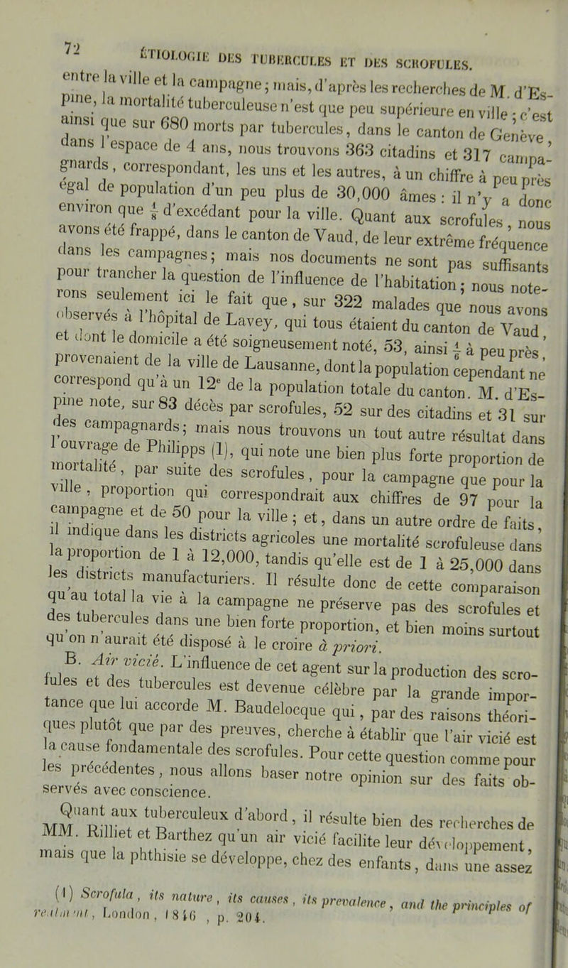 ;;tr( lutilleet la campagne; mais, d’après les recherches de M d’Es ne, la mortalité tuberculeuse n'est que peu supérieure en ville • c'est îZ r  ,80:n°rtS par tUberculœ’ dans la de Genève* ans I espace de 4 ans, nous trouvons 363 citadins et 317 Can,na’ gnards, correspondant, les uns et les autres, à un chiffre à peu près cgal de population d'un peu plus de 30,000 âmes: il „>/„ jonc environ que ? d'excédant pour la ville. Quant aux scrofules nous avons été frappé, dans le canton de Vaud, de leur extrême fréquence es ““pagnes; mais nos documents ne sont pas suffisants pour trancher la question de l'influence de l'habitation ; nous note! Ï lfa,t qUC’ ^ 322 ma’adeS q“ avons el d ntl y P de Lavey’ qm tous «aient du canton de Vaud >nt le domicile a été soigneusement noté, 53, ainsi 4- à peu près ’ provenaient de la ville de Lausanne, dont la population cependant né respon qu a un 12' de la population totale du canton M d’Es- pme note, sur 83 décès par scrofules, 52 sur des citadins et 31 sur l'™vmgeTpnS; m ”°US tr°UVOnS U ‘°ut autre résultat dans morlahté PPS K qU‘ ',0te une bien plus f°rte Proportion de itahte, par suite des scrofules, pour la campag-ne que pour la e , proportion qu? correspondrait aux chiffres de 97 pour la campagne et de 50 pour la ville ; et, dans un autre ordre de faits, la Iv 'qU? dan? ? dlStncts aSricoles une mortalité scrofuleuse dans ] oportion de 1 a 12,000, tandis qu elle est de 1 à 25 000 dans 11 résulte donc decette qu au total a vie a la campagne ne préserve pas des scrofules et des tubercules dans une bien forte proportion, et bien moins surtout qu on n aurait été disposé à le croire à priori. fuleBs ef deffl LiflaenceJde cet aoent sur la production des scro- ' S et de,s tndercules est devenue célèbre par la grande imnor- me'ntetôt ““'î M' Biludeloc<tue - P™ des raisons théori- que» plutôt que par des preuves, cherche à établir que l'air vicié est 1 essorée a™ n SCr°fuleS' Pmt Cette «O™» Pour servé n' e,ltes > nous allons '«ser notre opinion sur des faits ob- serve* avec conscience. MS”“X ‘Uberc“leux d'abord- d ^u]te bien des recherches de MM. Rdhet et Barthez qu un an- vicié facilite leur développement, qUe a phthlsie se développe, chez des enfants, dans une assez (I) Scrofala , «s nature, ils causes, ils prevalmce, ami the pmciples 0f re.ilni ’iu, London , I S KJ , p. 20 4. P 1