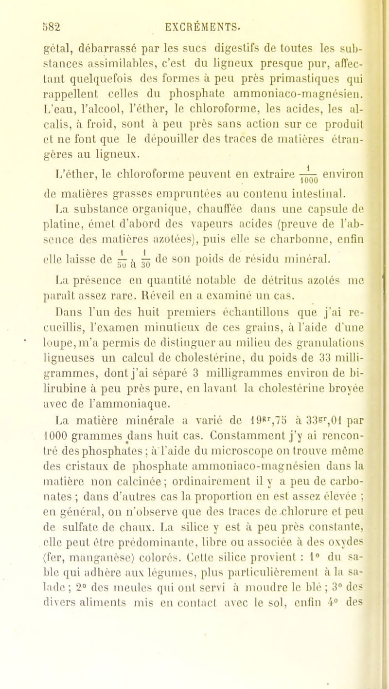 gétal, débarrassé par les sucs digestifs de toutes les sub- stances assimilables, c'est du ligneux presque pur, affec- tant quelquefois des formes à peu près primastiques qui rappellent celles du phosphate ammoniaco-magncsien. L'eau, l'alcool, l'éther, le chloroforme, les acides, les al- calis, à froid, sont à peu près sans action sur ce produit et ne font que le dépouiller des traces de matières étran- gères au ligneux. L'éther, le chloroforme peuvent en extraire environ de matières grasses empruntées au contenu intestinal. La substance organique, chauffée dans une capsule de platine, émet d'abord des vapeurs acides (preuve de l'ab- sence des matières azotées), puis elle se charbonne, enfin elle laisse de r- ^ de son poids de résidu minéral. ou d ôv ^ La présence en quantité notable de détritus azotés me paraît assez rare. Réveil en a examiné un cas. Dans l'un des huit premiers échantillons que j'ai re- cueillis, l'examen minutieux de ces grains, à l'aide d'une loupe, m'a permis de distinguer au milieu des granulations ligneuses un calcul de cholestérine, du poids de 33 miUi- grammcs, dont j'ai séparé 3 milligrammes environ de bi- lirubine à peu près pure, en lavant la cholestérine broyée avec de l'ammoniaque. La matière minérale a varié de 19*',7o à 33e'',01 par 1000 grammes dans huit cas. Constamment j'y ai rencon- tré des phosphates ; à l'aide du microscope on trouve même des cristaux de phosphate ammoniaco-magnésien dans la matière non calcinée; ordinairement il y a peu de carbo- nates ; dans d'autres cas la proportion en est assez élevée ; en général, on n'observe que des traces de chlorure et peu de sulfate de chaux. La silice y est à peu près conslante, elle peut être prédominante, libre ou associée à des oxydes (fer, manganèse) colorés. Celte silice provient : 1» du sa- ble qui adhère aux légumes, plus particulièrcnicnl h la sa- lade; 2° des nieidcs qui ont servi à moudre le blé ; 3 des divers aliments mis en conlacl avec le sol, enfin 4° des