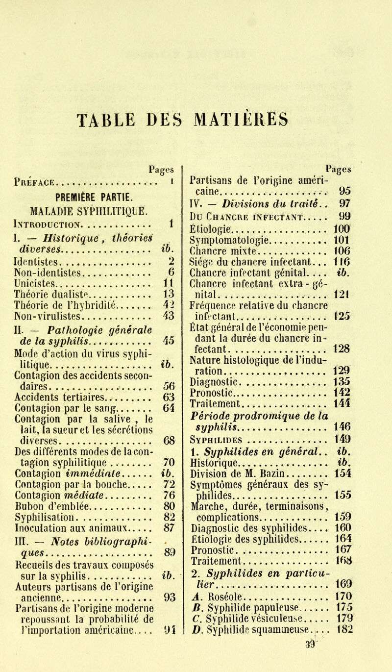 TABLE DES MATIERES Pages Préface i PREMIÈRE PARTIE. MALADIE SYPHILITIQUE. Introduction 1 I. — Historique, théories diverses ib. Idftntistes 2 Non-identistes 6 Unicistes Il Théorie diialistf^ 13 Théorie de l'hybridité 42 Non-virulistes 43 II. — Pathologie générale de la syphilis 45 Mode d'action du virus syphi- litique ib. Contagion des accidents secon- daires 56 Accidents tertiaires. 63 Contagion par le sang 64 Contagion par la salive , le lait, la sueur et les sécrétions diverses 68 Des différents modes de la con- tagion syphilitique 70 Contagion immédiate ib. Contagion par la bouche 72 Contagion médiane 76 Bubon d'emblée 80 Syphilisation 82 Inoculation aux animaux 87 III. — Notes bibliographi- ques 89 Recueils des travaux composés sur la syphilis ib. Auteurs partisans de l'origine ancienne 93 Partisans de l'origine moderne repoussant la probabilité de l'importation américaine....» 95 Pages Partisans de l'origine améri- caine 95 IV. — Divisions du traité.. 97 Du Chancre infectant 99 Étiologie 100 Symptomatologie 101 Chancre mixte 106 Siège du chancre infectant... 116 Chancre infectant génital.... ib. Chancre infectant extra - gé- nital 121 Fréquence relative du chancre infectant 125 État général de l'économie pen- dant la durée du chancre in- fectant 128 Nature histologique de l'indu- ration 129 Diagnostic 135 Pronostic 142 Traitement 144 Période prodromique de la syphilis 146 Syphilïdes 149 1. Syphilides en général., ib. Historique ib. Division de M. Bazin 154 Symptômes généraux des sy- philides 155 Marche, durée, terminaisons, complications 159 Diagnostic des syphilides.... 160 Etiologie des syphilides 164 Pronostic 167 Traitement 168 2. Syphilides en particu- lier 169 A. Roséole 170 ^. Syphilide papuleuse 175 C. Syphilide vésiculeuse 179 D. Syphilide squammeuse.... 182 3â